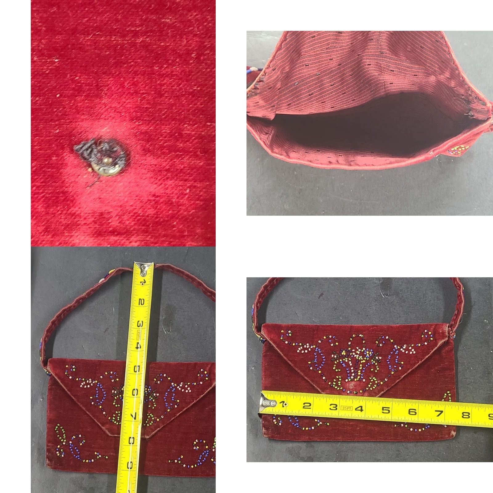 Velvet VTG 50s Beaded Velvet Clutch Purse Red Floral Design Women Purse Vintage Velvet Clutch Red Size ONE SIZE - 8 Thumbnail