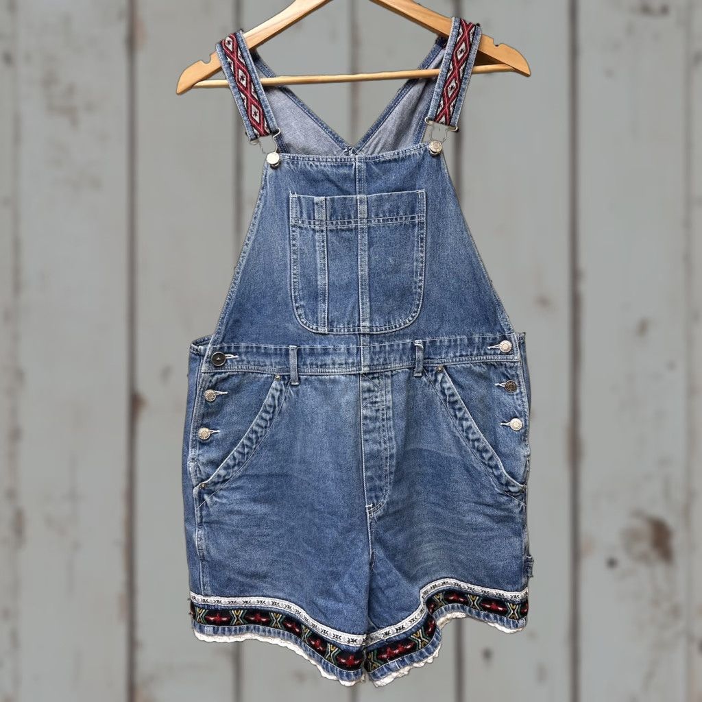 Denime VINTAGE BACCINI Overalls Shorts Denim Blue Sz L Womens Casual 90s Bohemian Farm Cowboy Pockets Button Denim Bib Overalls Shorts Women Size 36" / US 14 / IT 50 - 1 Thumbnail