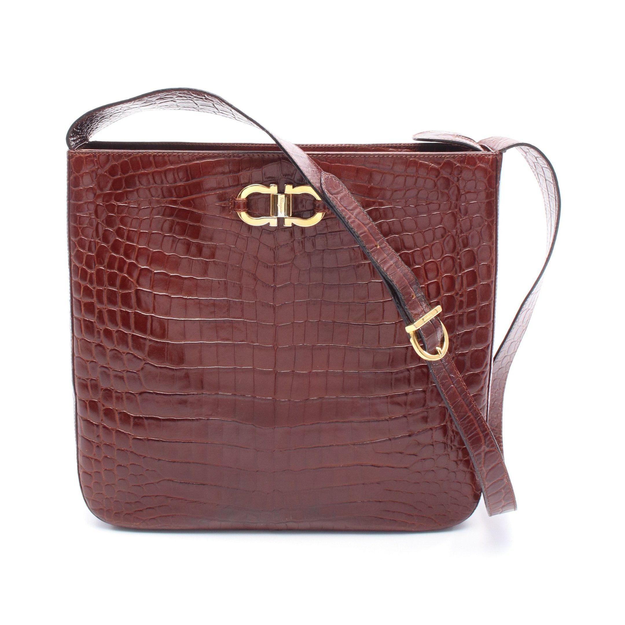 Salvatore Ferragamo Salvatore Ferragamo Gancini Shoulder Bag Leather Brown Croc Embossed Size ONE SIZE - 1 Thumbnail