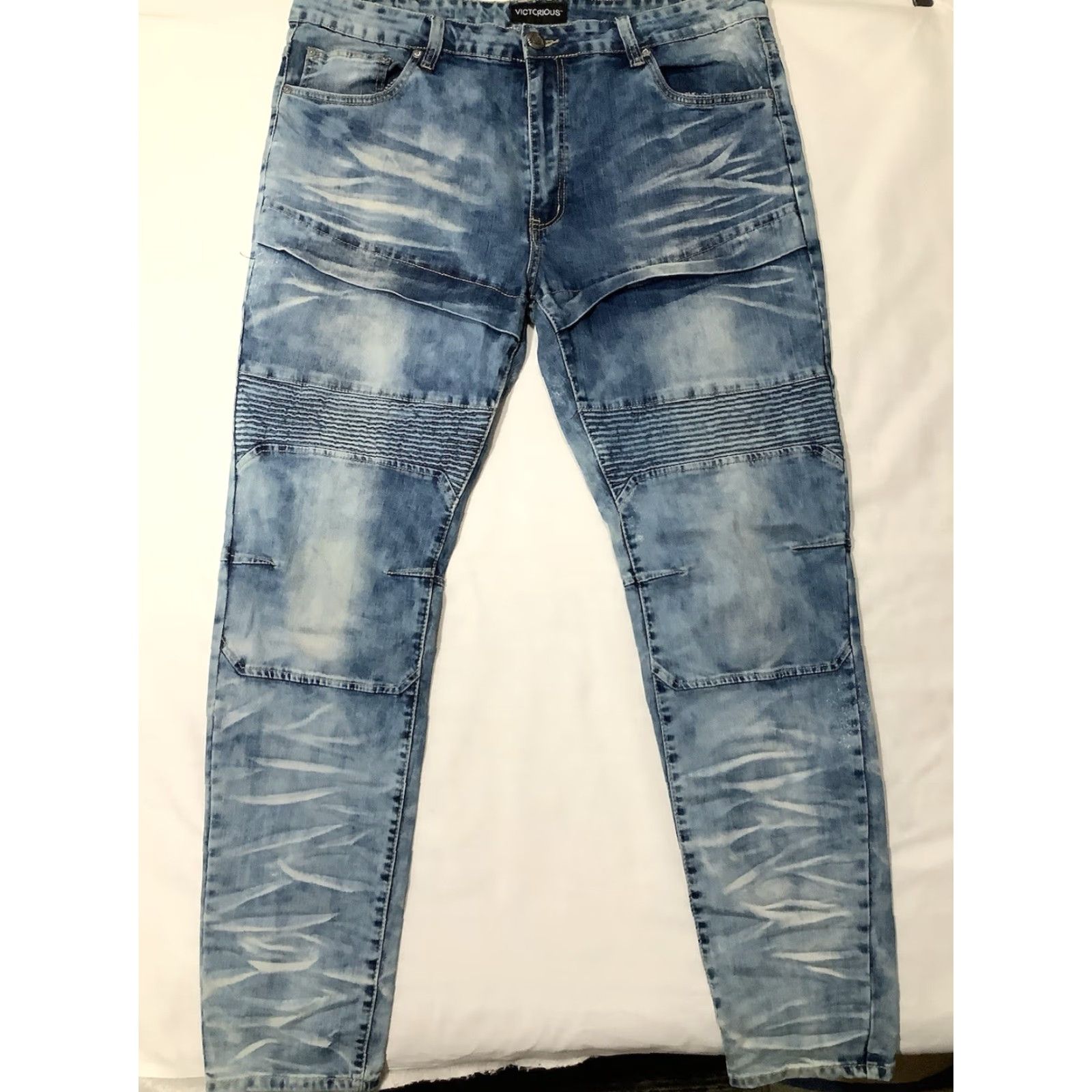 Denime VICTORIOUS Jeans Blue 38X32 Men Biker Denim Tapered Scrunched Moto 5-Pocket Design Jeans Men Accessories? Size US 38 / EU 54 - 2 Thumbnail