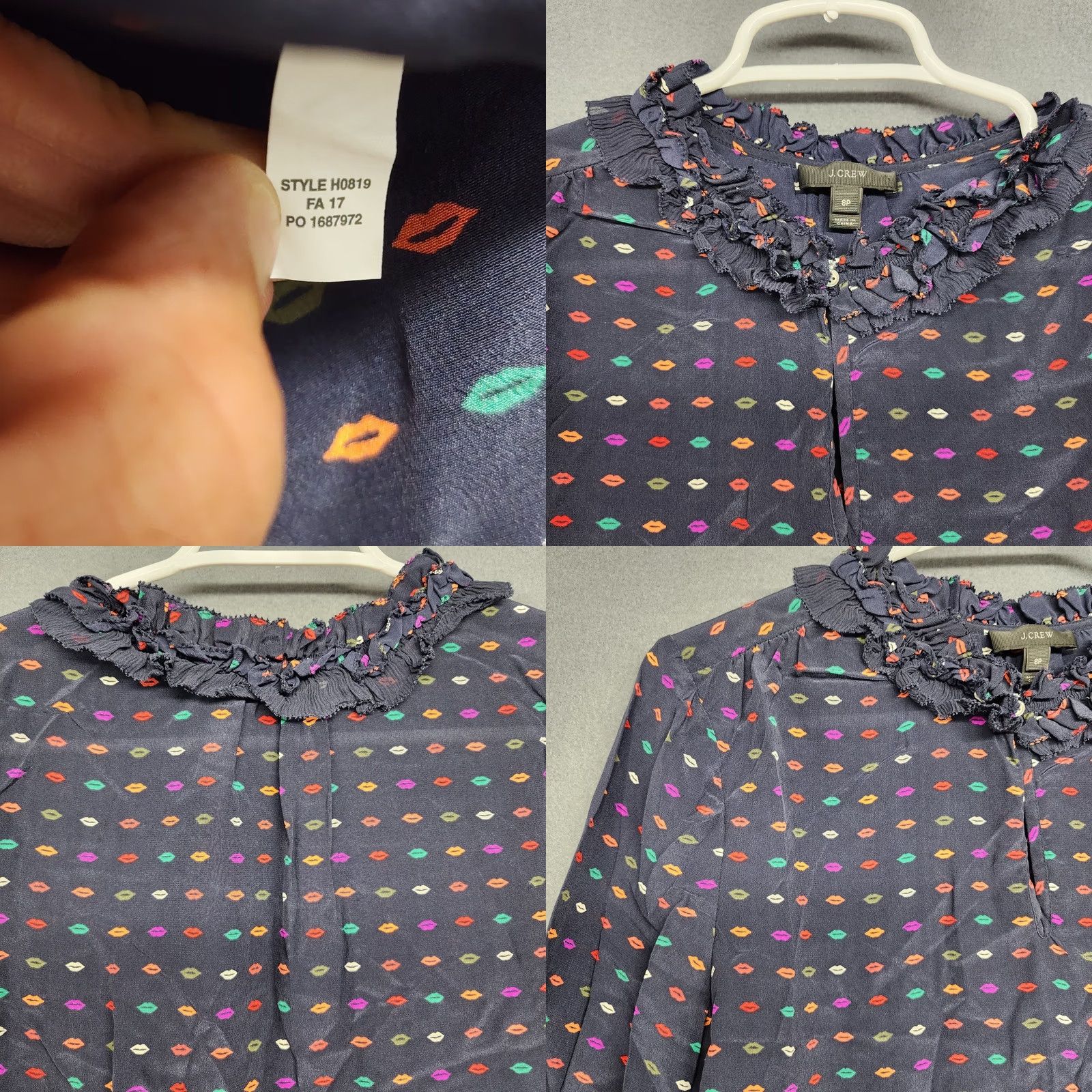 J.Crew J. Crew Blouse Navy Blue Silk Lip Print Long Sleeve 8P Petite Ruffle Button Shirt Womens Size M / US 6-8 / IT 42-44 - 8 Thumbnail