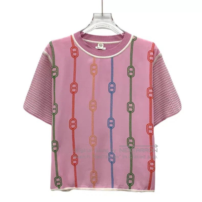 Hermes Hermes Pink Striped Pig Nose Print Silk Round Neck Short S Size XS / US 0-2 / IT 36-38 - 1 Thumbnail