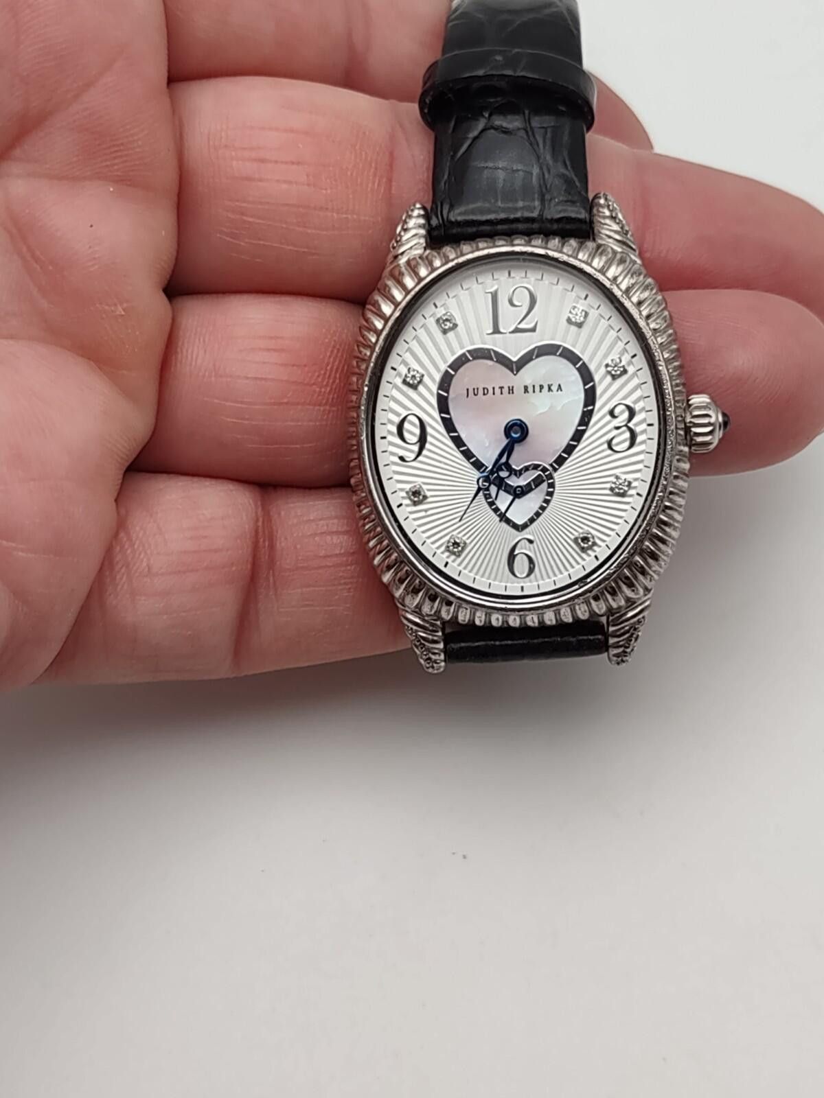 Judith Ripka Black and Silver Watch Mother of Pearl Heart with Leather Strap Judith Ripka Silver, Black Mother Of Pearl Dial Watch with  main image 4