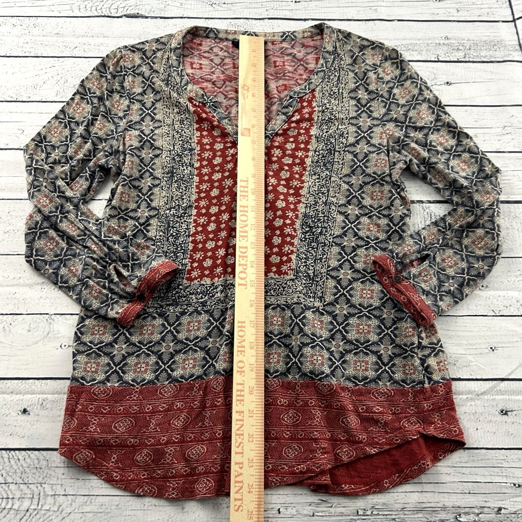 Lucky Brand Lucky Brand V-Neck 3/4 Sleeve Top Women M Red Blue Tan blouse Shirt Womens Vintage Modern Casual Tee Size M / US 6-8 / IT 42-44 - 3 Thumbnail