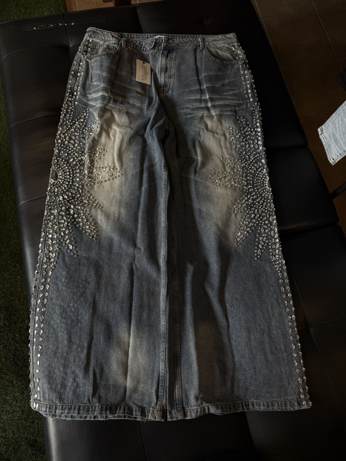Vale Valley Stone Crystal Rhinestone Baggy Blue Jeans Size 38 Size US 38 / EU 54 - 1 Thumbnail