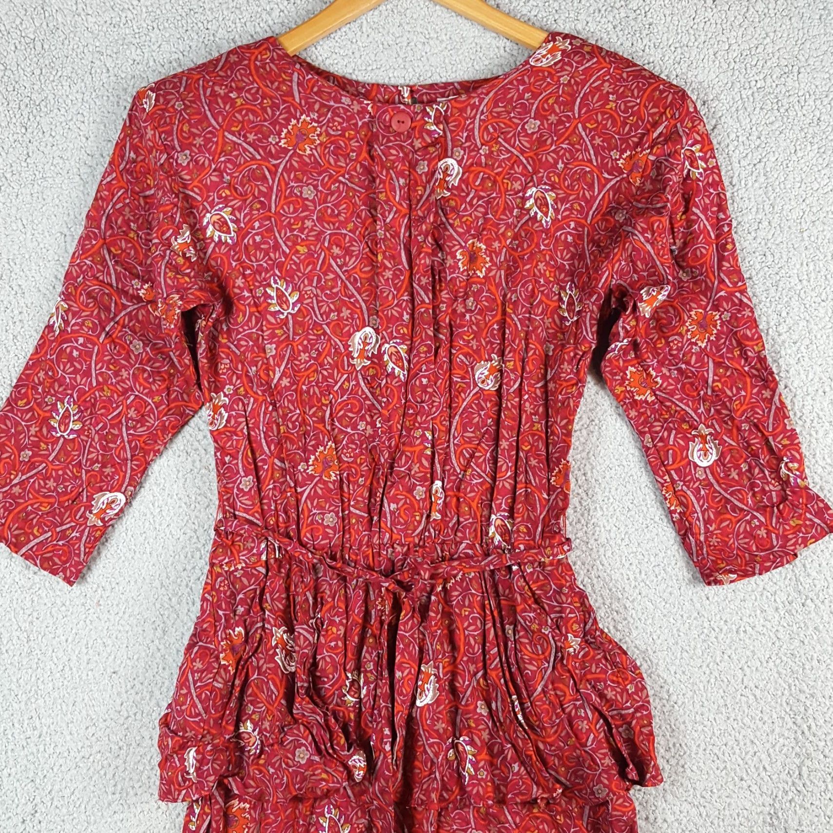 Vintage Vintage 80s Red Floral Tie Peplum Waist Women's Size 8 Boho Midi Dress Paisley Susan Richards Size M / US 6-8 / IT 42-44 - 2 Thumbnail