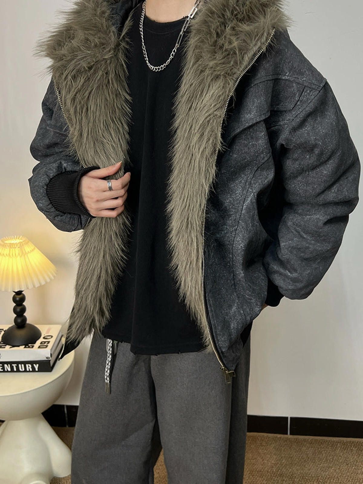 Japanese Brand Gray Hooded Bomber Jacket, Casual Oversized Winter Coat Size US L / EU 52-54 / 3 - 5 Thumbnail
