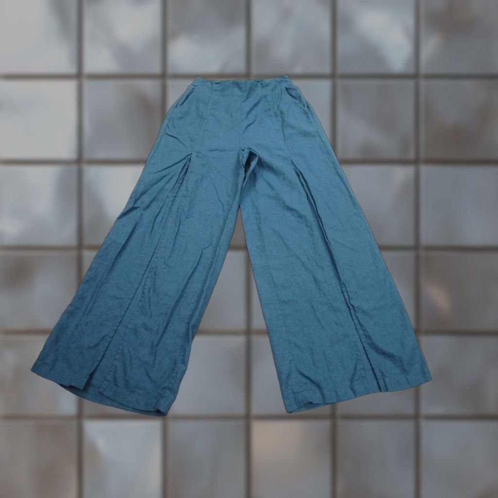 Vintage HG Pants Womens Medium Blue Linen Viscose Wide Leg Split Front Pull On beach Size 32" / US 10 / IT 46 - 1 Thumbnail