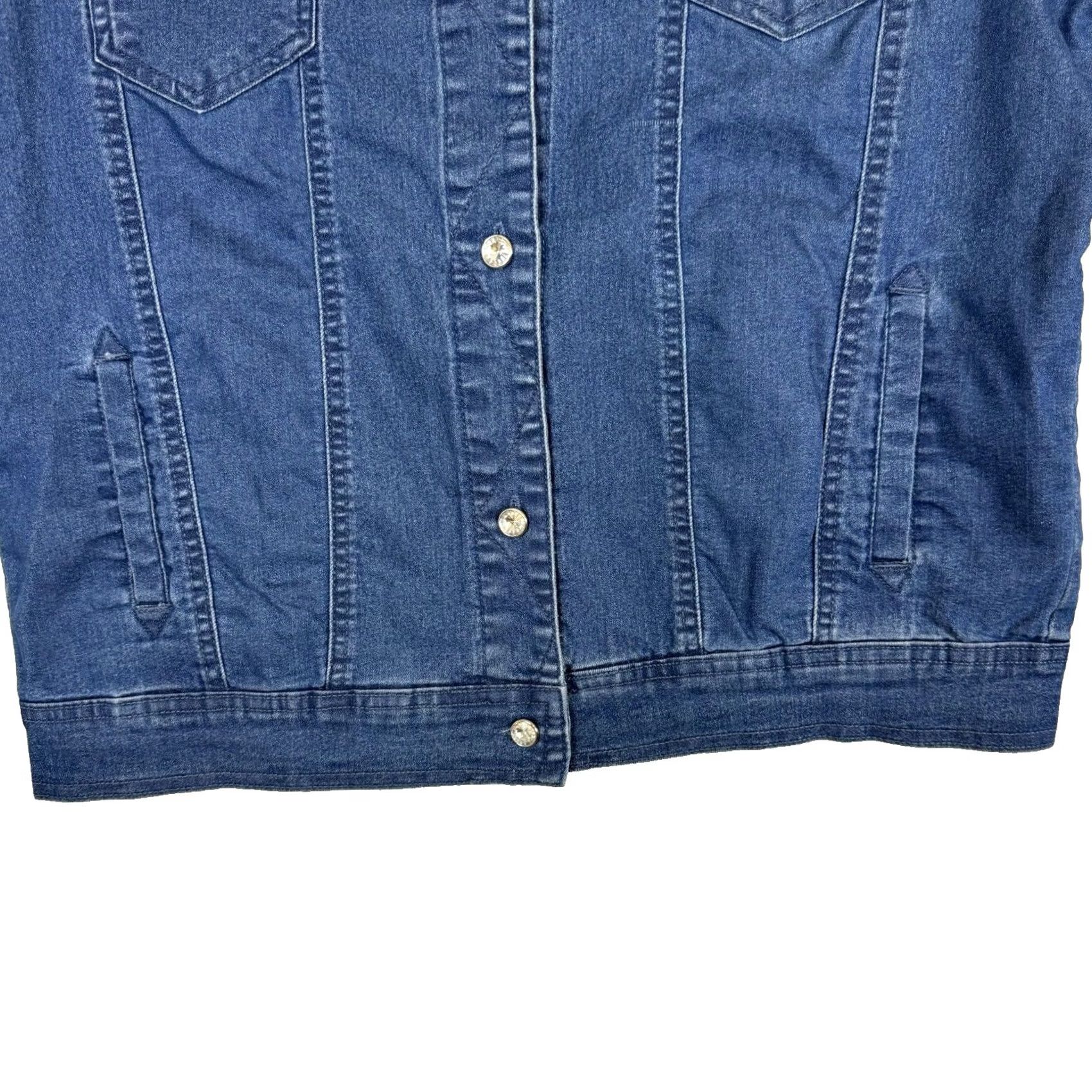 Vintage Fashque Studio Jacket Women's M Denim Blue Lace Stitch Rhinestone Buttons Pockets Sequin Lightweight Casual Size M / US 6-8 / IT 42-44 - 3 Thumbnail