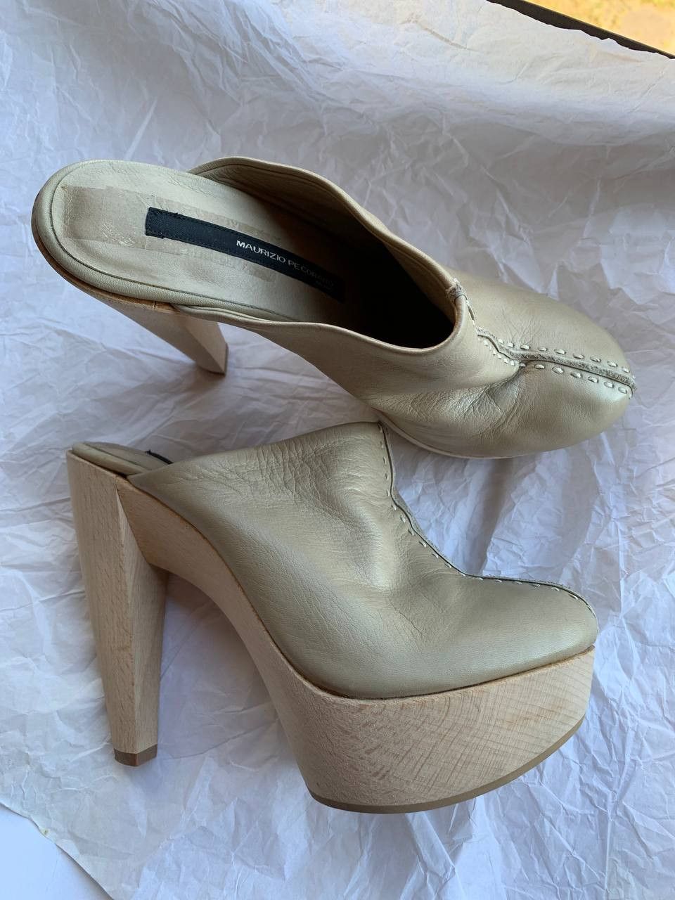Other Maurizio Pecoraro beige leather heels on wooden platform Size US 8 / IT 38 - 2 Thumbnail
