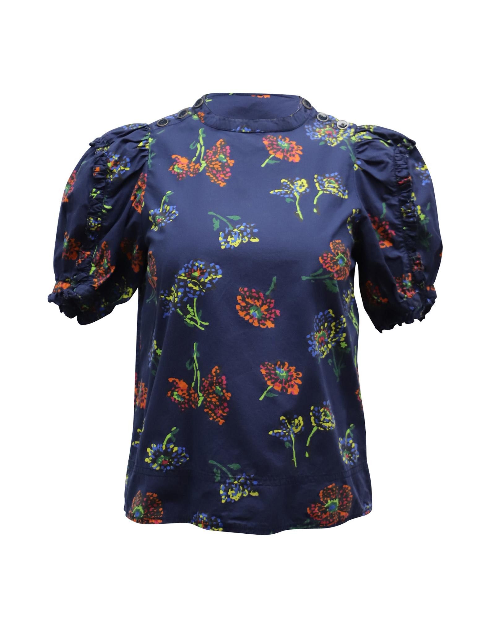 Image of Ulla Johnson Floral Print Puff Sleeve Cotton Top in Blue/Navy Blue, Women's (Size XS)