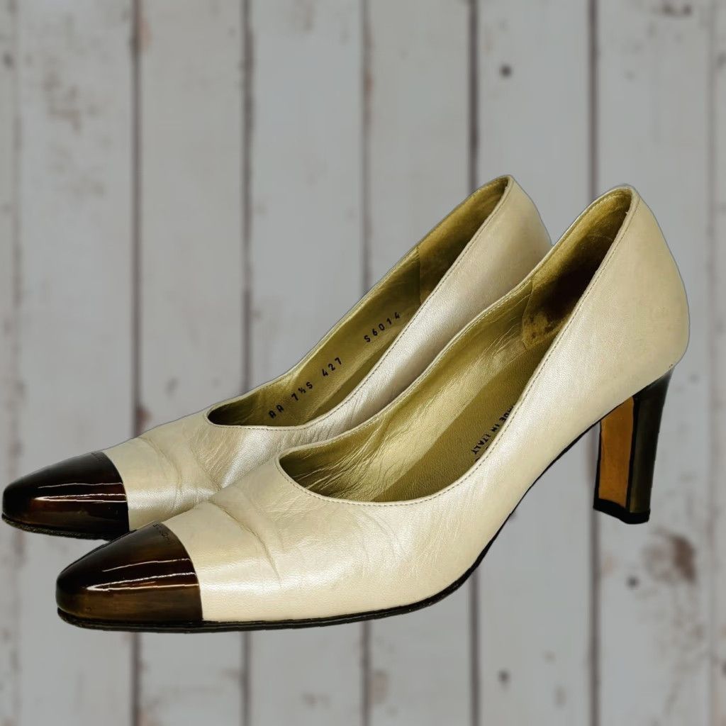 VINTAGE St. John Cap Toe Heels Pumps Womens Shoes AA Tan 7.5 Italy Leather Leather Block Heel Slip On Closed Toe Formal Party/Cocktail Womens Shoes