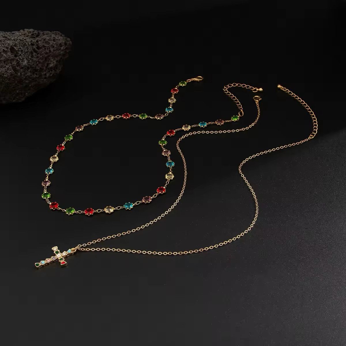 Jewelry 2Pcs Punk Zircon Cross Pendant Necklace Size ONE SIZE - 4 Thumbnail
