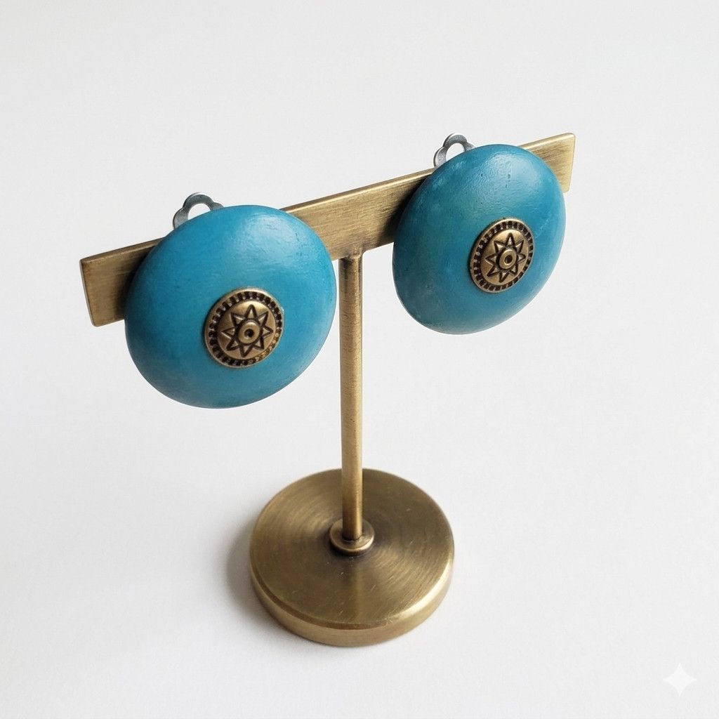 Handmade Artistic Button Earrings Clip On Turquoise Wood Brass Paint Size ONE SIZE - 1 Thumbnail