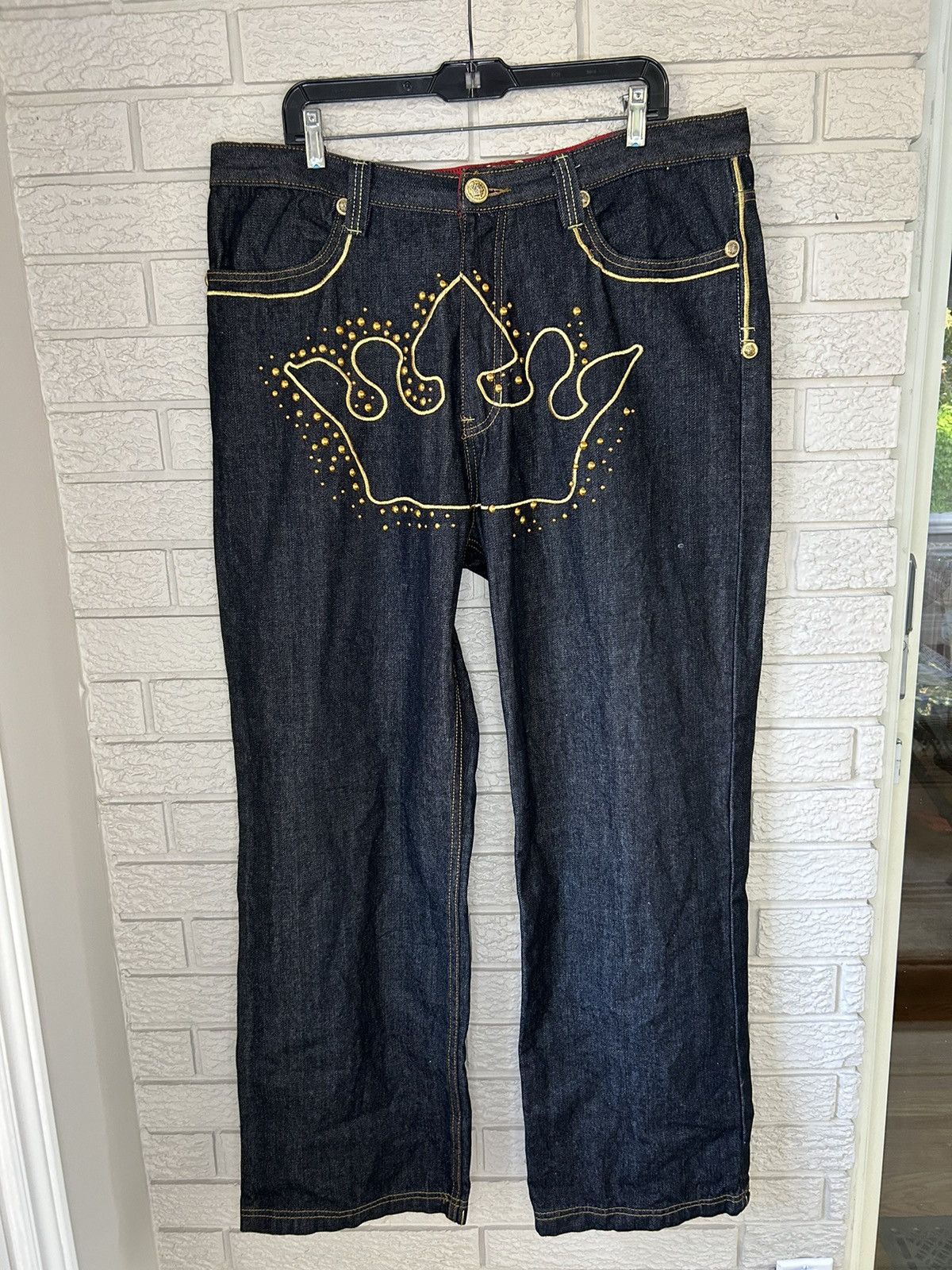 Japanese Brand Vintage Crown Holder Embroidered Studded Baggy Skater Jeans Size US 38 / EU 54 - 6 Thumbnail