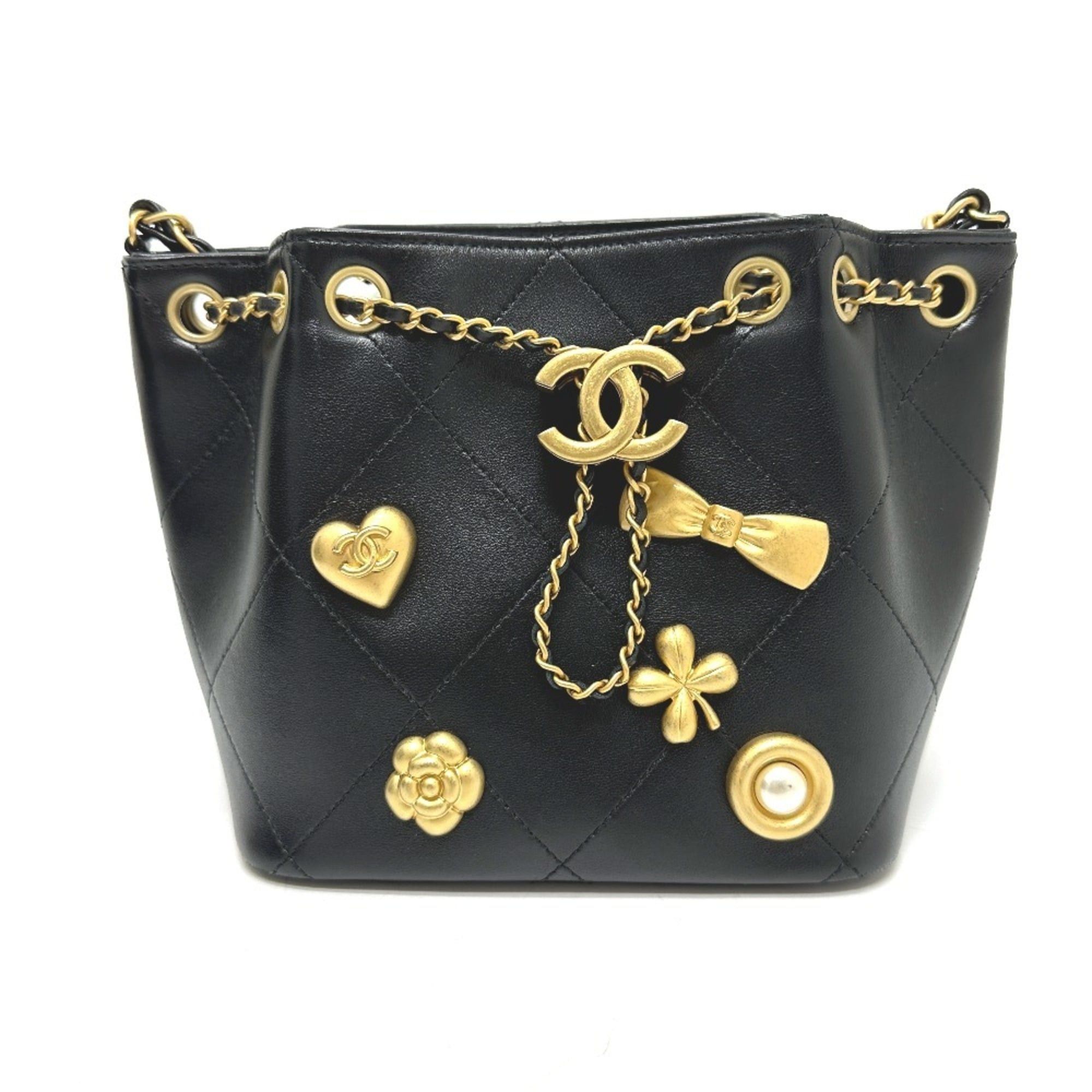 CHANEL AS5824 25K Drawstring Icon Chain Shoulder Bag in Black Leather