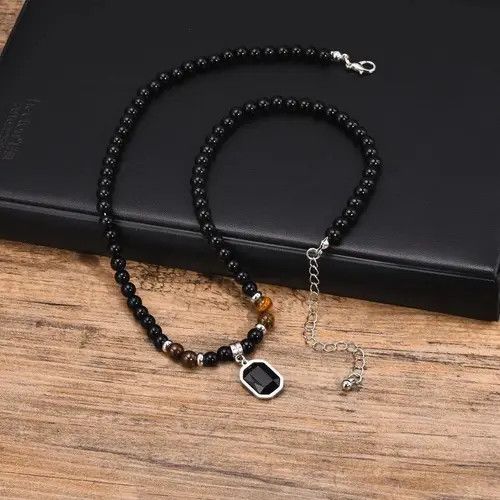 VIBE Mens Geometric Charm Necklaces, Black Beaded Tier Eye Stone Size ONE SIZE - 2 Thumbnail