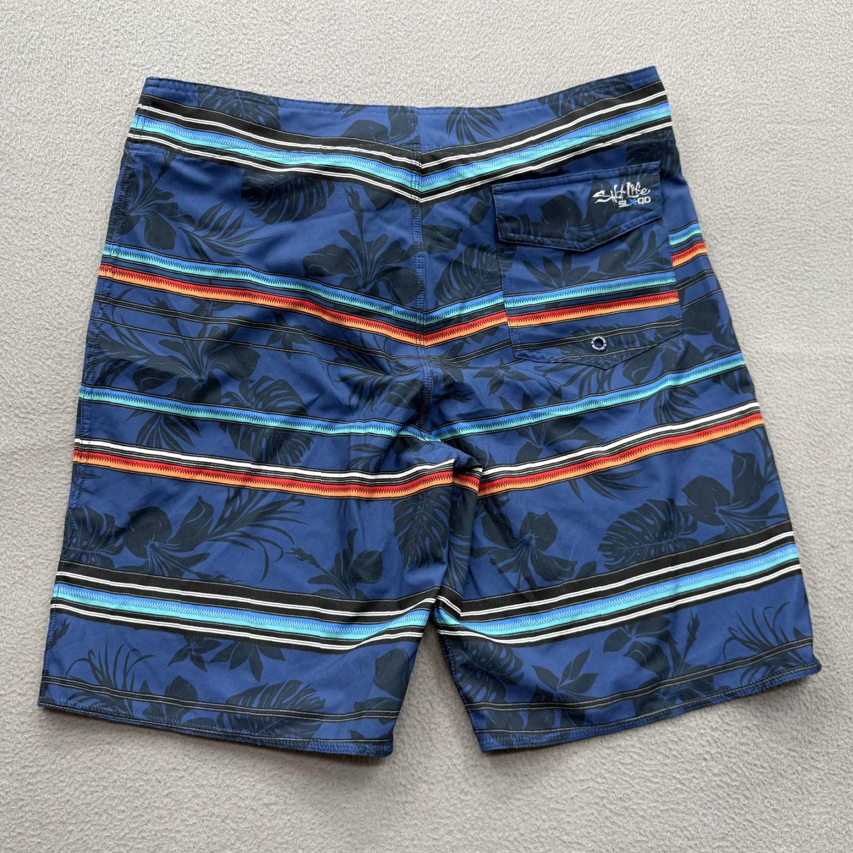 Vintage Salt Life Board Shorts Mens 32 Blue Stripe Tropical Swim Trunks SLX-QD Stretch Beach Surf Size US 32 / EU 48 - 2 Thumbnail