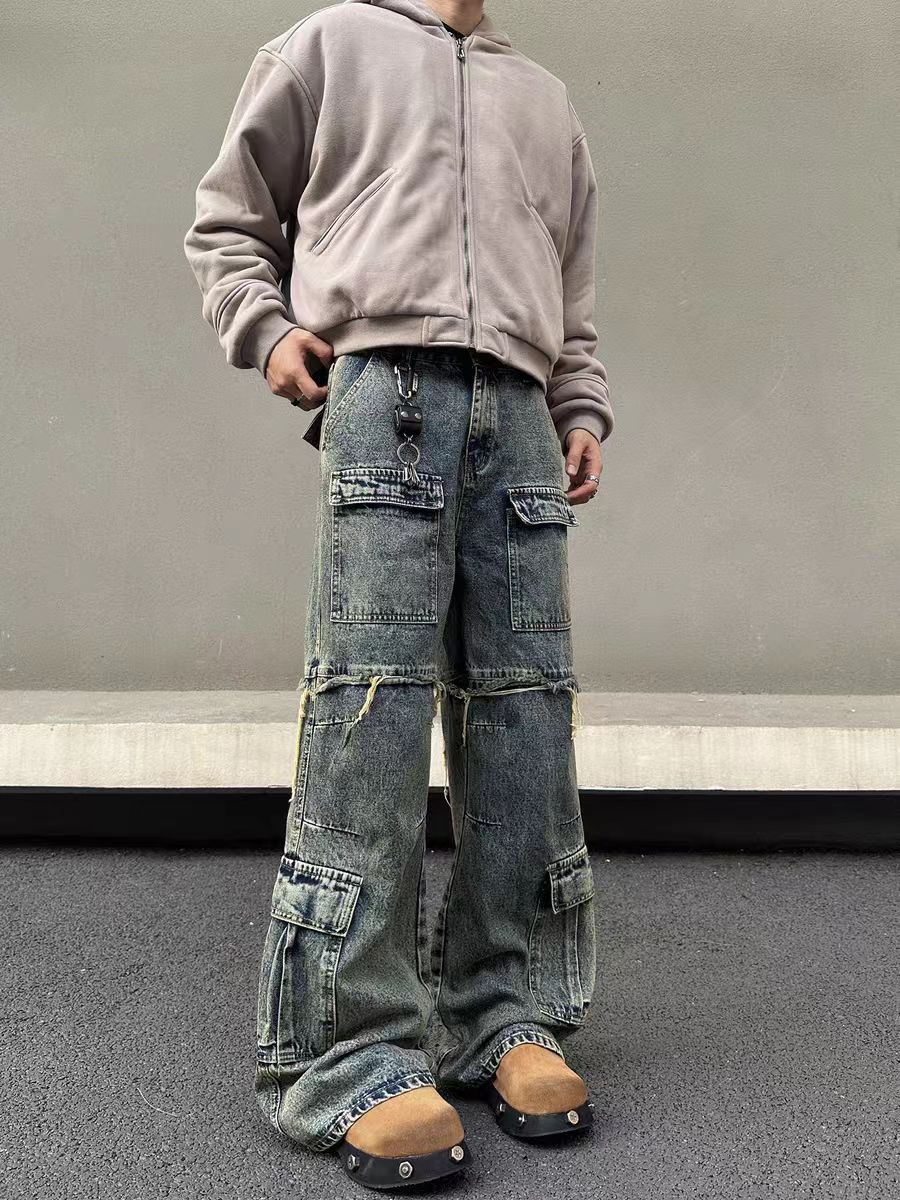 Vintage Washed Straight Micro Flare Work Loose Jeans