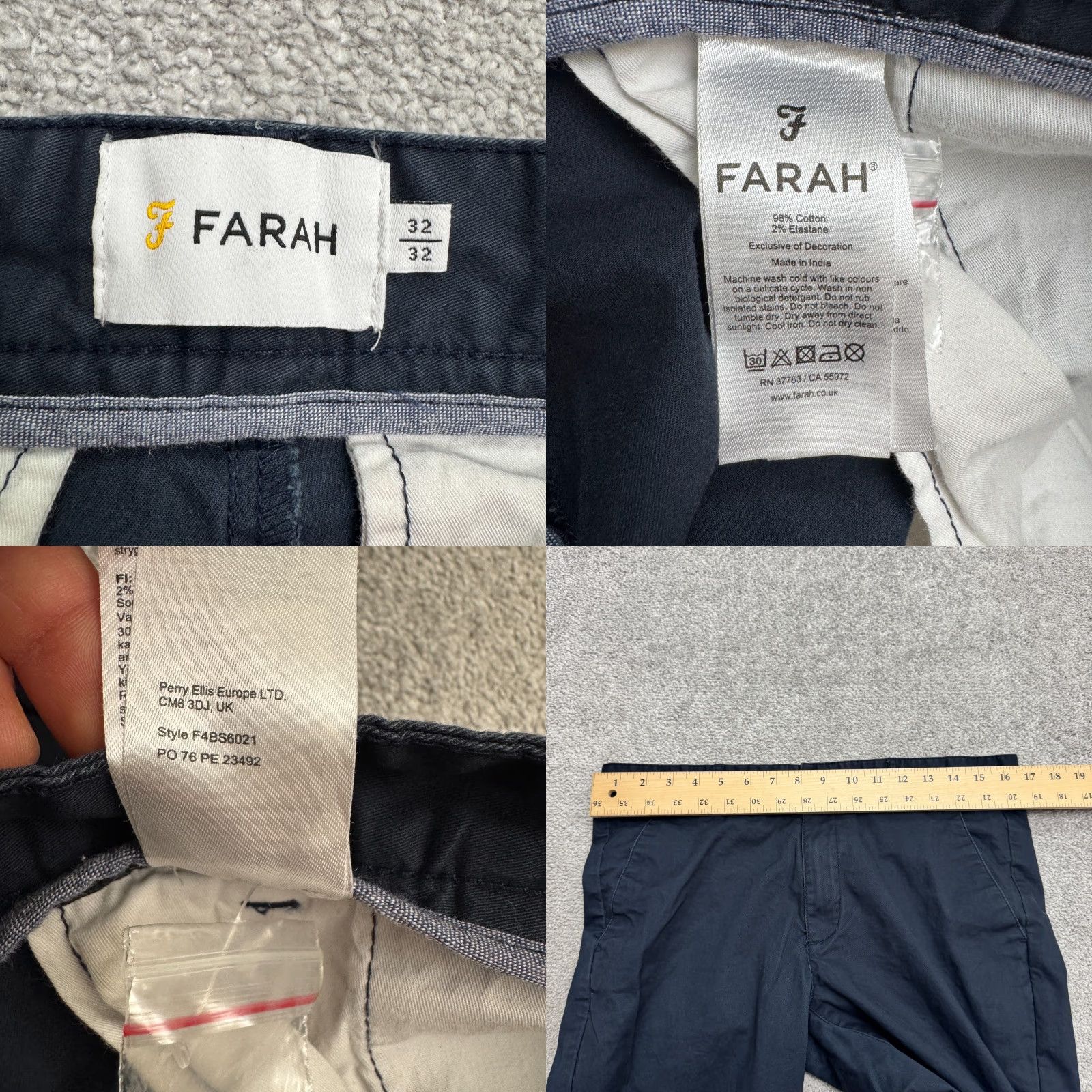 Farah Farah Men's 32x32 Chino Pants Straight Leg Navy Blue Flat Front Cotton Classic Size US 32 / EU 48 - 8 Thumbnail