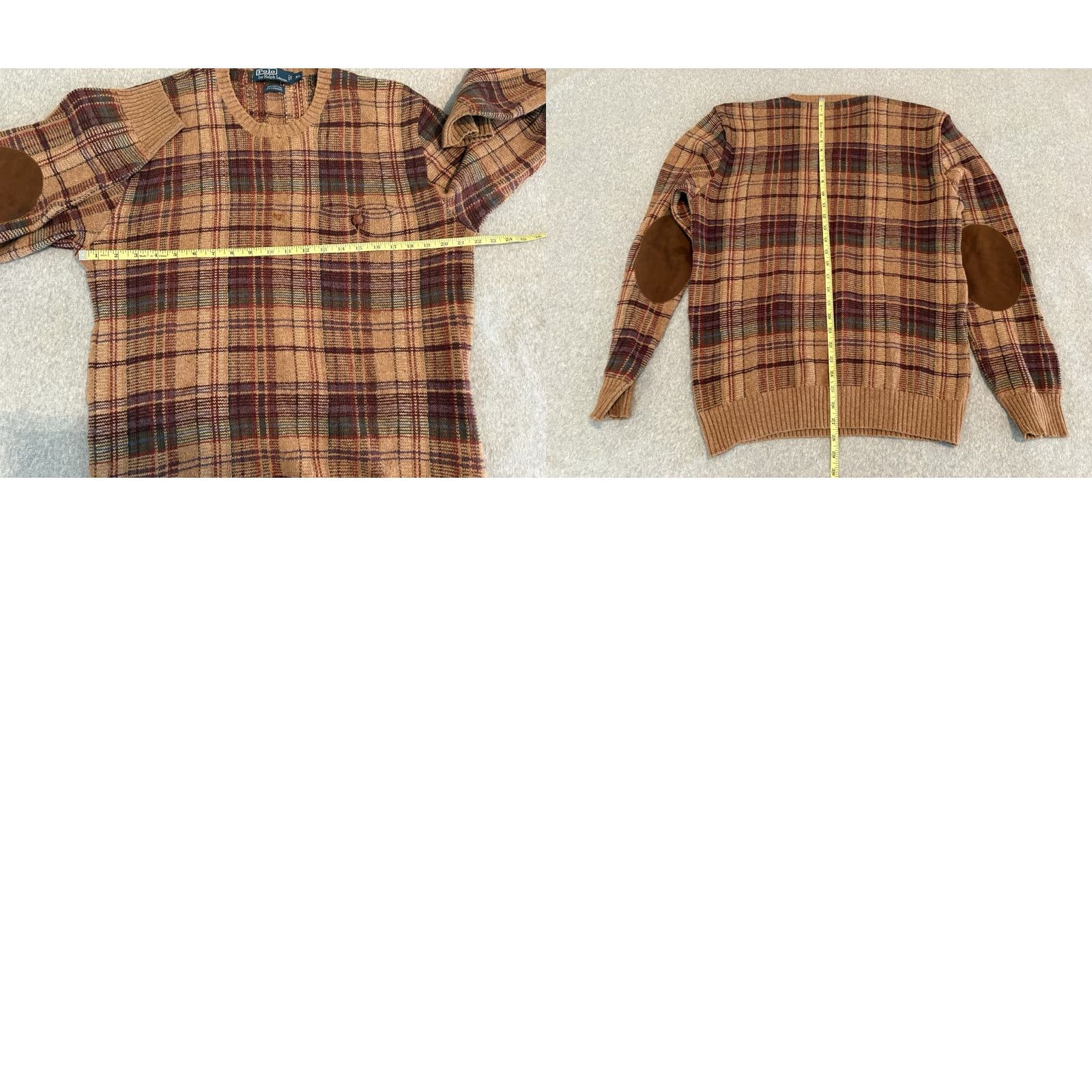 Polo Ralph Lauren Polo Ralph Lauren Sweater Men XL Brown Plaid Cashmere Cotton Crew Neck Long Sleeve Elbow Patches Pullover Knit Size US XL / EU 56 / 4 - 8 Thumbnail