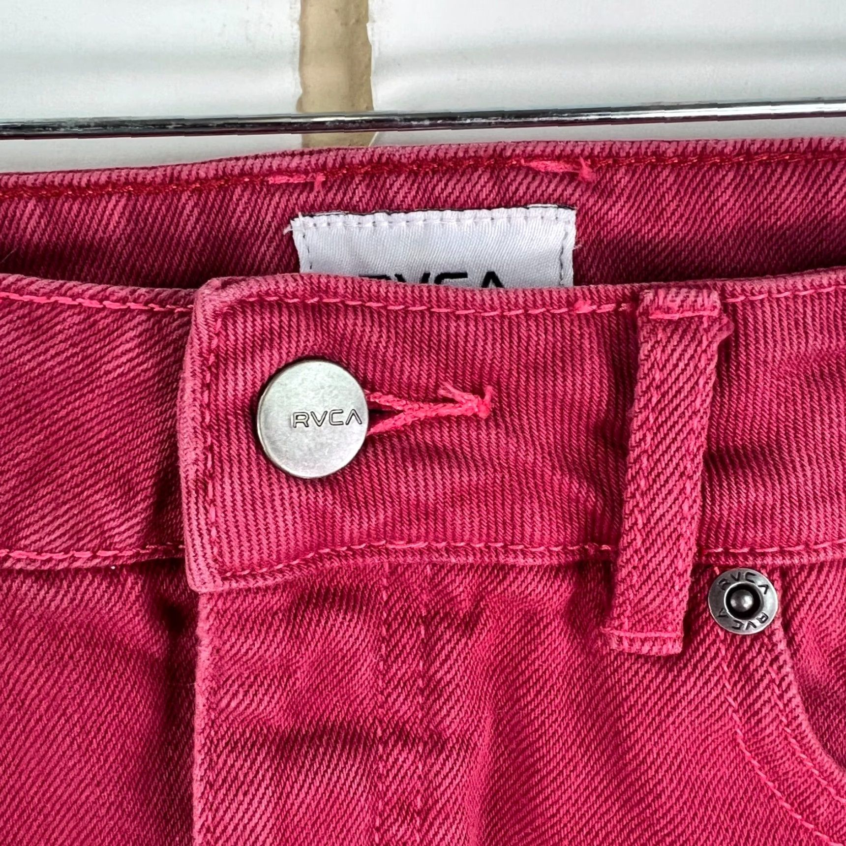 RVCA RVCA Denim Mini Skirt Womens Size 28 Red Pockets Mid Rise Zip Button Casual Boho Beach 90s Womens Size 28" / US 6 / IT 42 - 2 Thumbnail