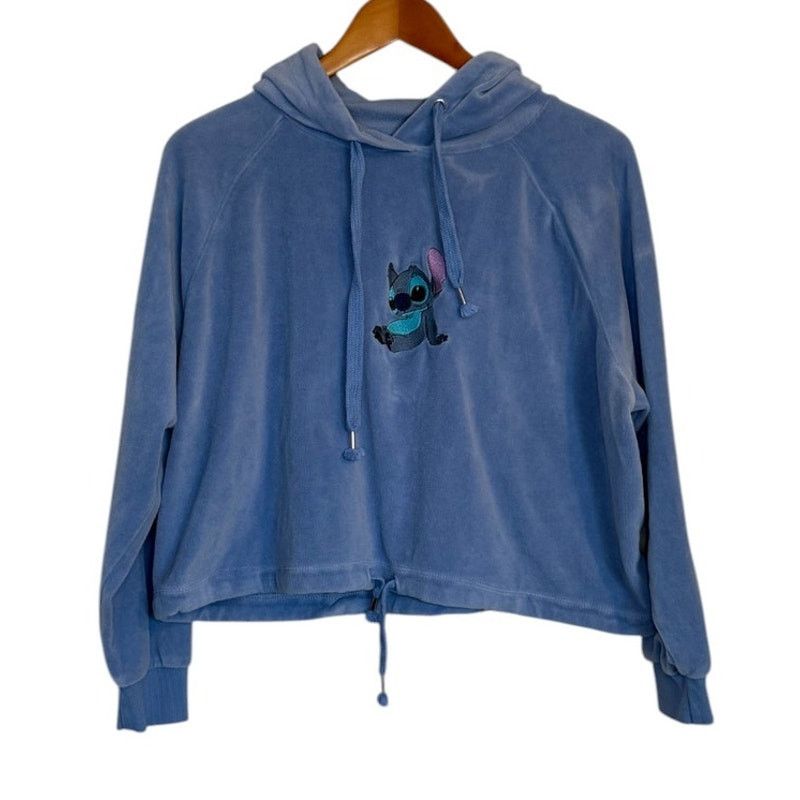 Disney Disney Stitch Hoodie Sweatshirt Women Large Blue Velour Crop Size L / US 10 / IT 46 - 1 Thumbnail