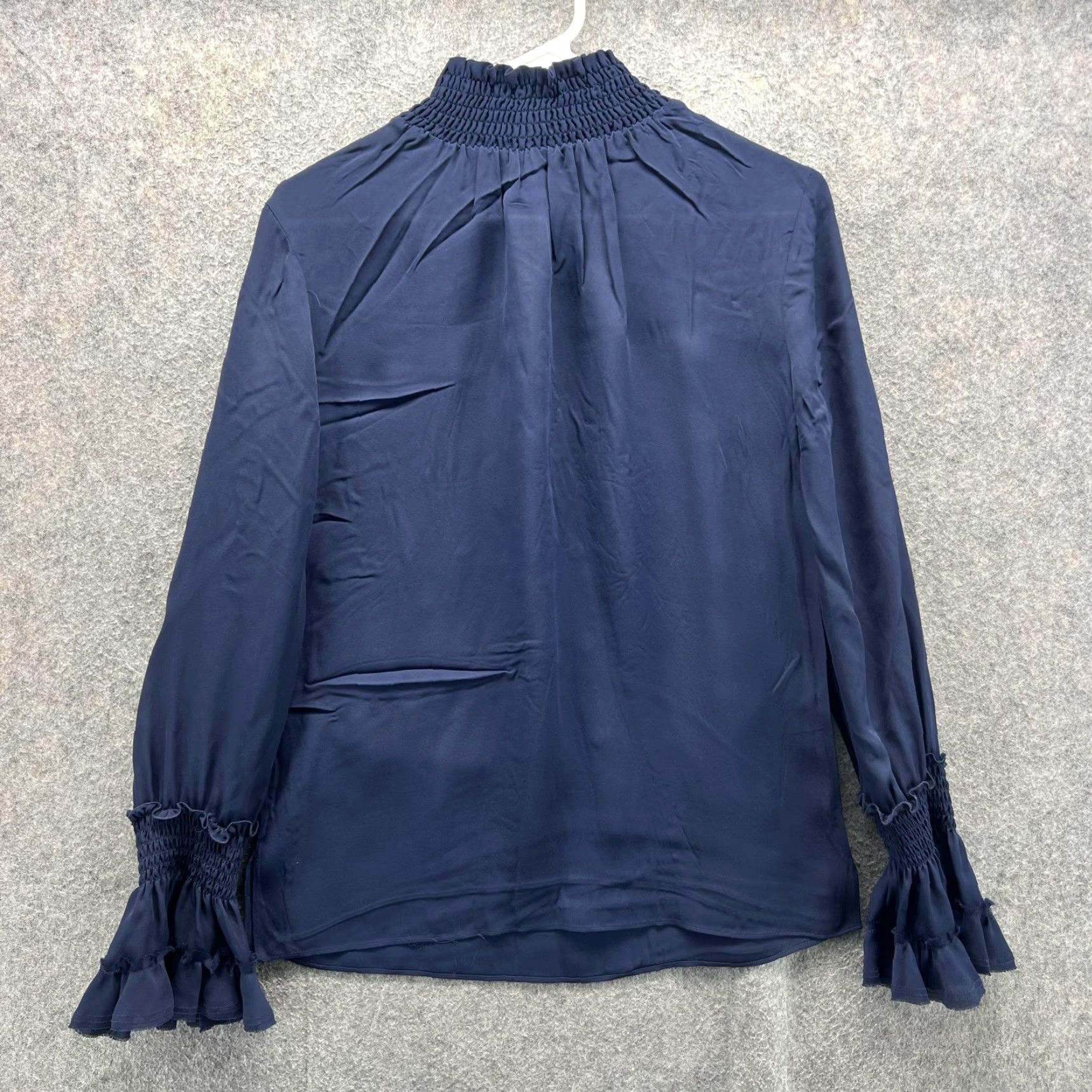 KOBI HALPERIN Kobi Halperin Blouse Womens XS Navy Blue 100% Silk Mock Neck Ruffle Cuff Top Smocked Lightweight Long Sleeve Modern Classic Size XS / US 0-2 / IT 36-38 - 2 Thumbnail