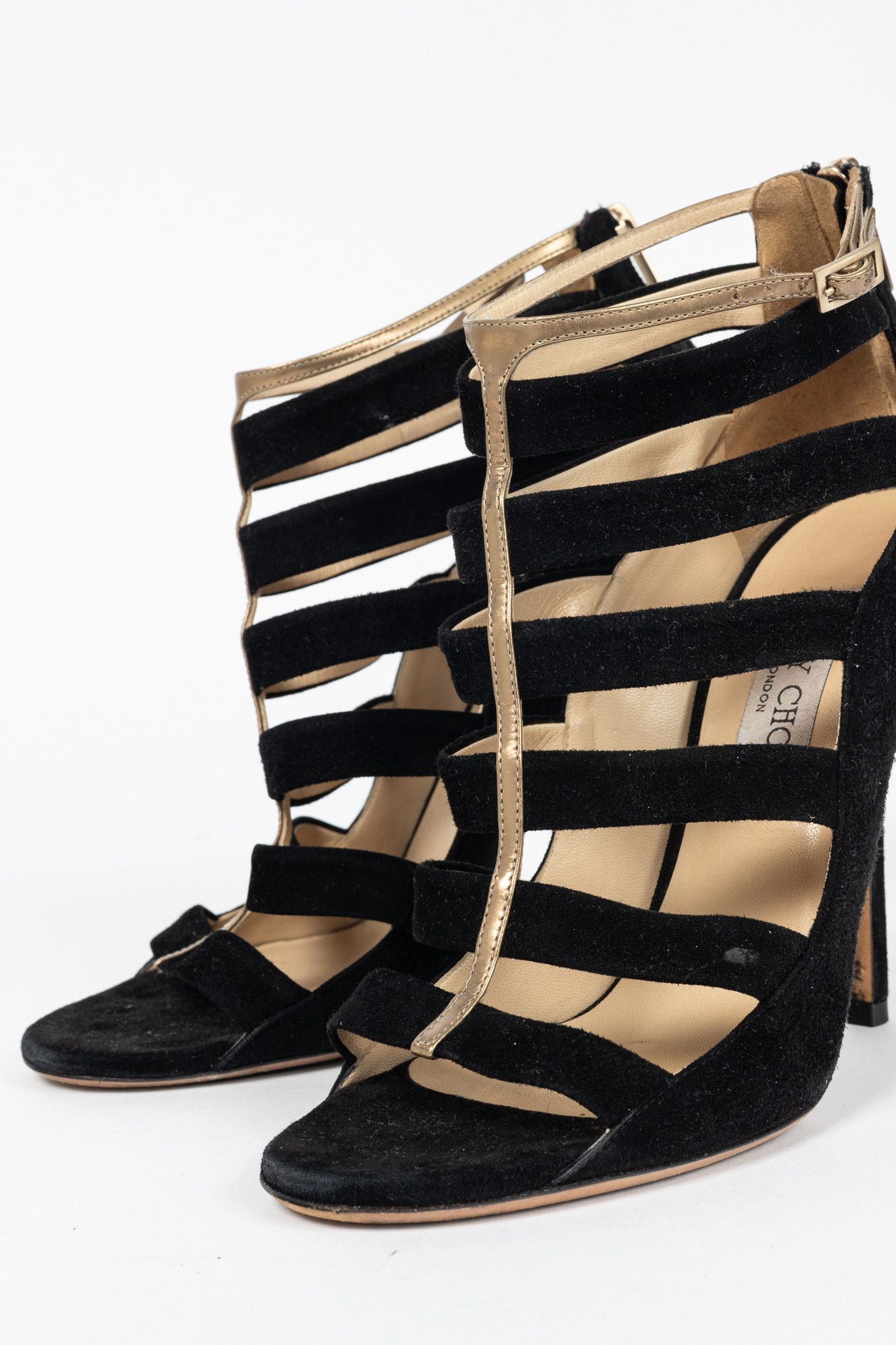 Jimmy Choo Jimmy Choo Fathom Black & Gold Suede Strappy Sandals Size US 7.5 / IT 37.5 - 7 Thumbnail