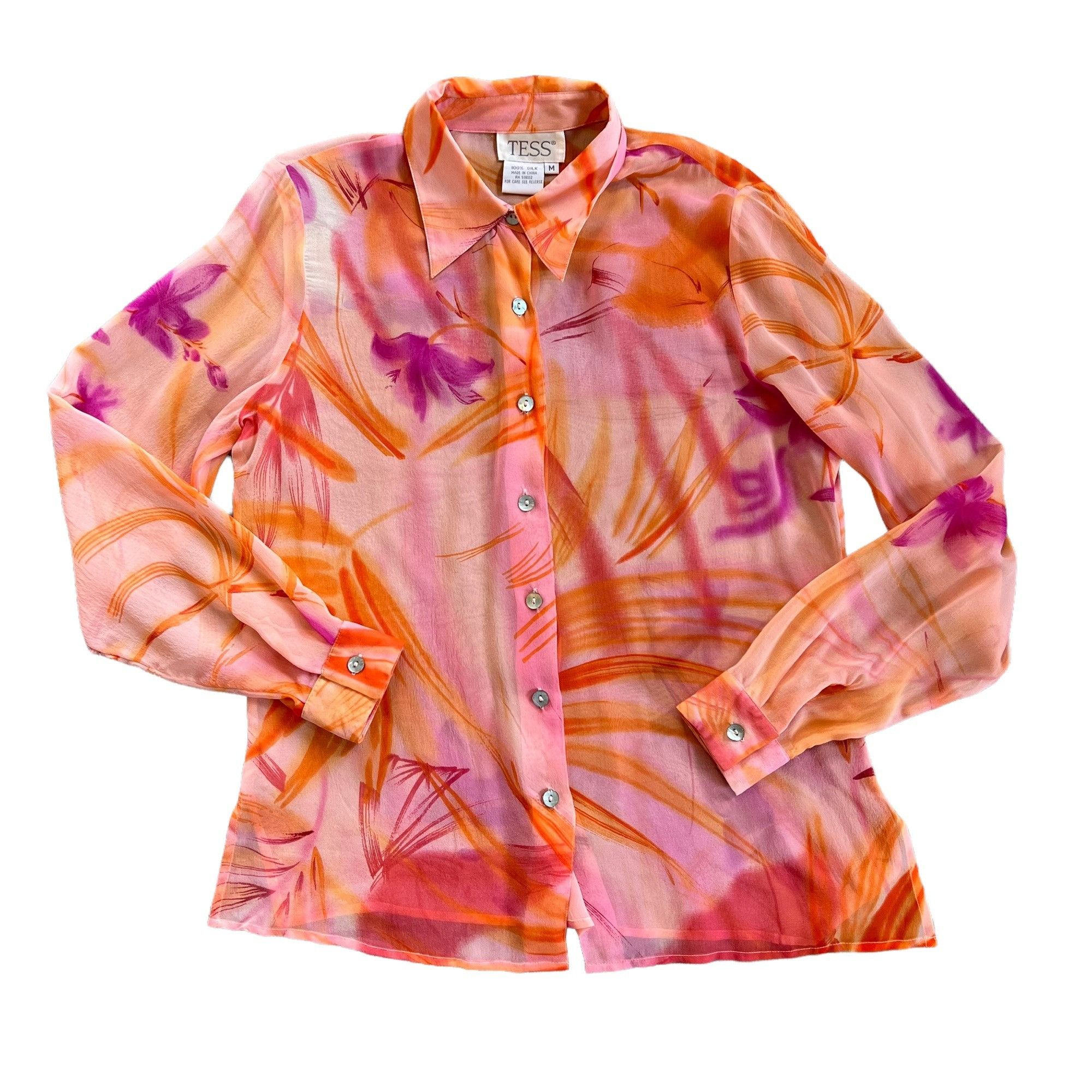 Vintage Vintage Tess 100% Silk Neon Floral Semi-Sheer Blouse M Size M / US 6-8 / IT 42-44 - 1 Thumbnail