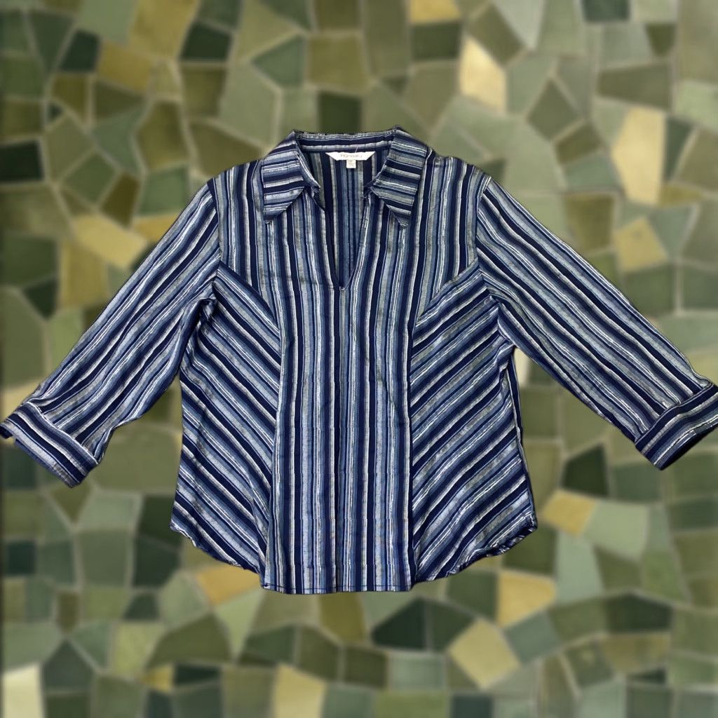 Vintage Ingenuity Shirt Blouse Womens Top 10 Blue Striped 3/4 Sleeve V-Neck Stretch Size L / US 10 / IT 46 - 1 Thumbnail