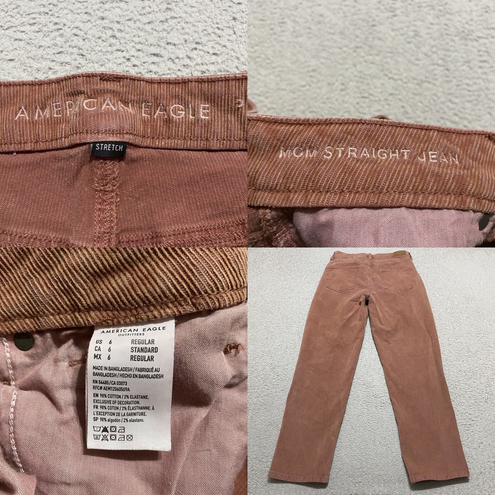 American Eagle Outfitters American Eagle Corduroy Jeans Womens 6 Pink Mom High Rise Straight Stretch Logo Pockets Zipper Button Cotton Spandex Denim N/A Size 28" / US 6 / IT 42 - 8 Thumbnail