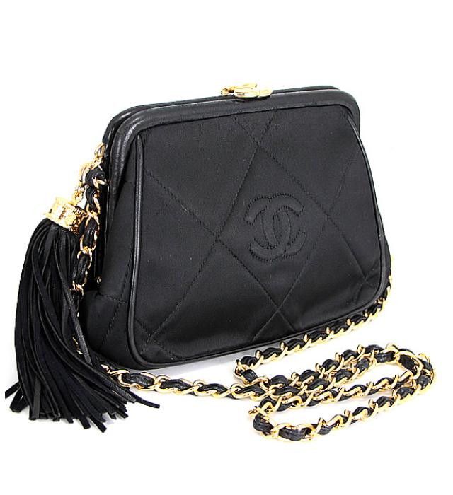 Chanel Fringed Clasp Chain Shoulder Bag Satin Black