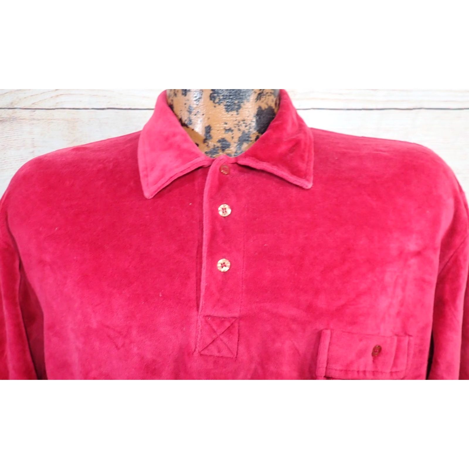 JCPenney VINTAGE JC Penney Polo Shirt Mens L Red Velour Long Sleeve Pocket Popover Shirt Burgundy RED 70s 60s Preppy Retro Rockabilly Vintage Mens L Size US L / EU 52-54 / 3 - 3 Thumbnail