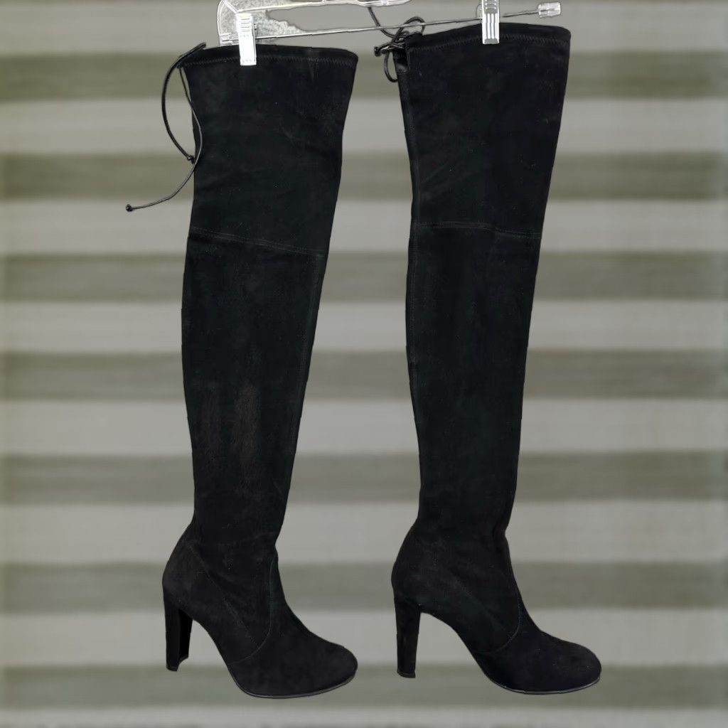 Stuart Weitzman Highland Boots Black Suede Thigh High Women 7.5 Block Heel Shoes