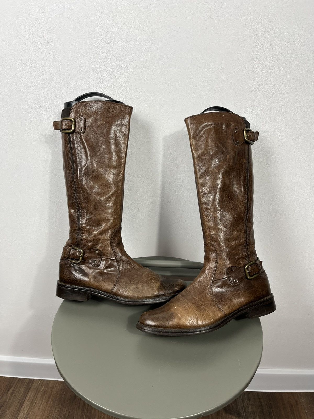Leather Buckle Knee High Boots Brown Shoes EU 38 US 7.5