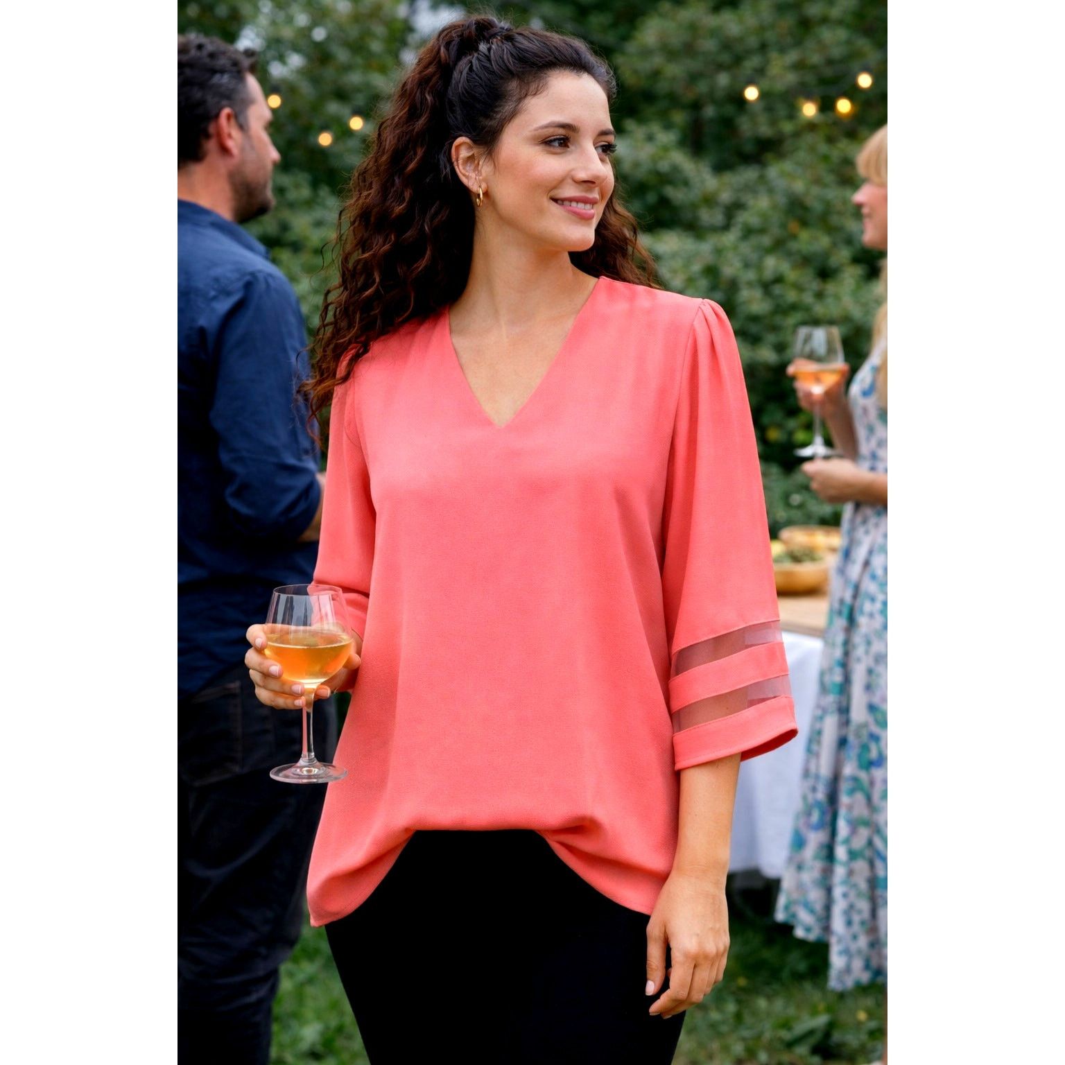 Other Casual V Neck 3/4 Bell Sleeve Mesh Panel Blouse Coral XL Size XL / US 12-14 / IT 48-50 - 1 Thumbnail