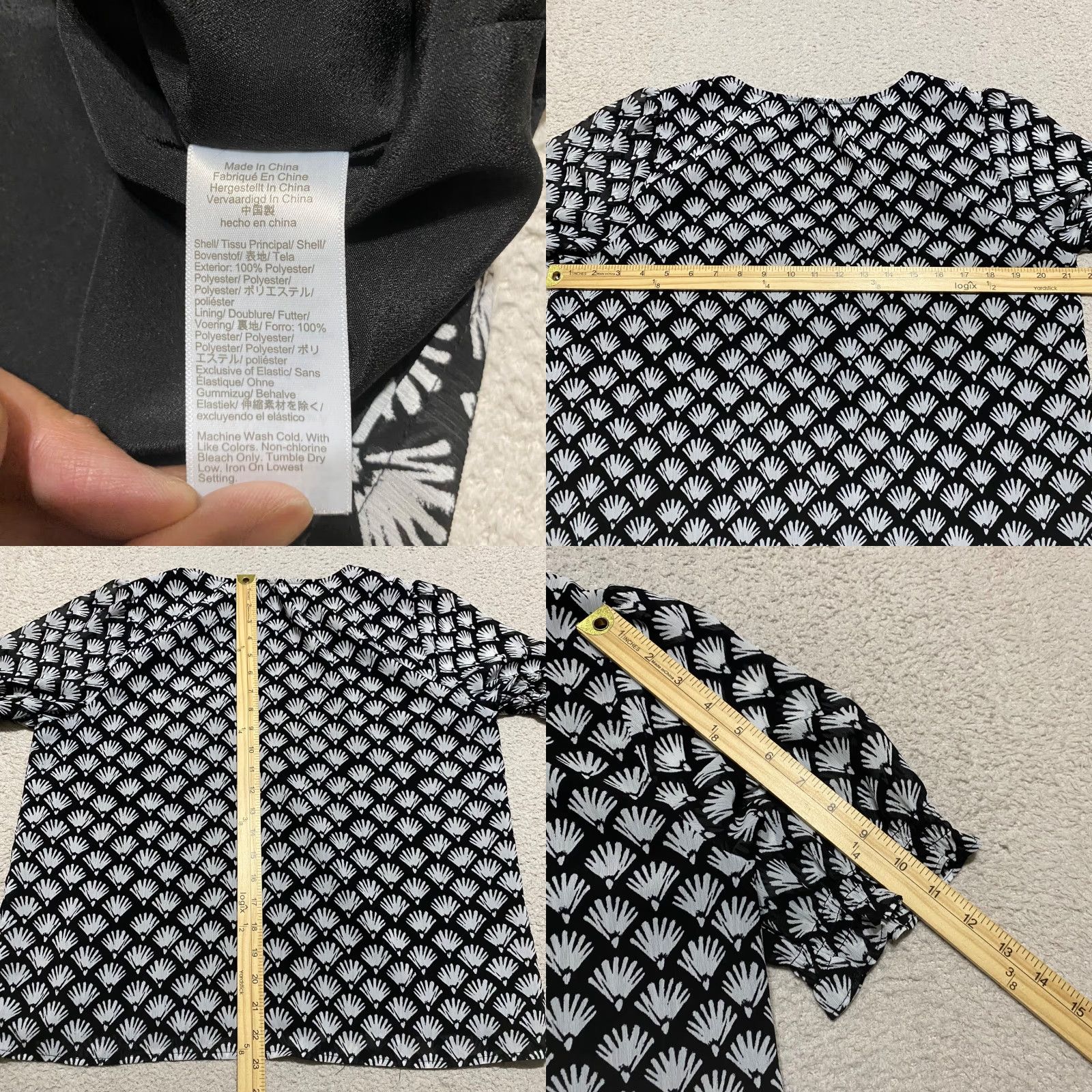 J.Crew J. Crew Womens Medium Shirt Black Geometric Short Sleeve V-neck Lined Chiffon Size M / US 6-8 / IT 42-44 - 8 Thumbnail