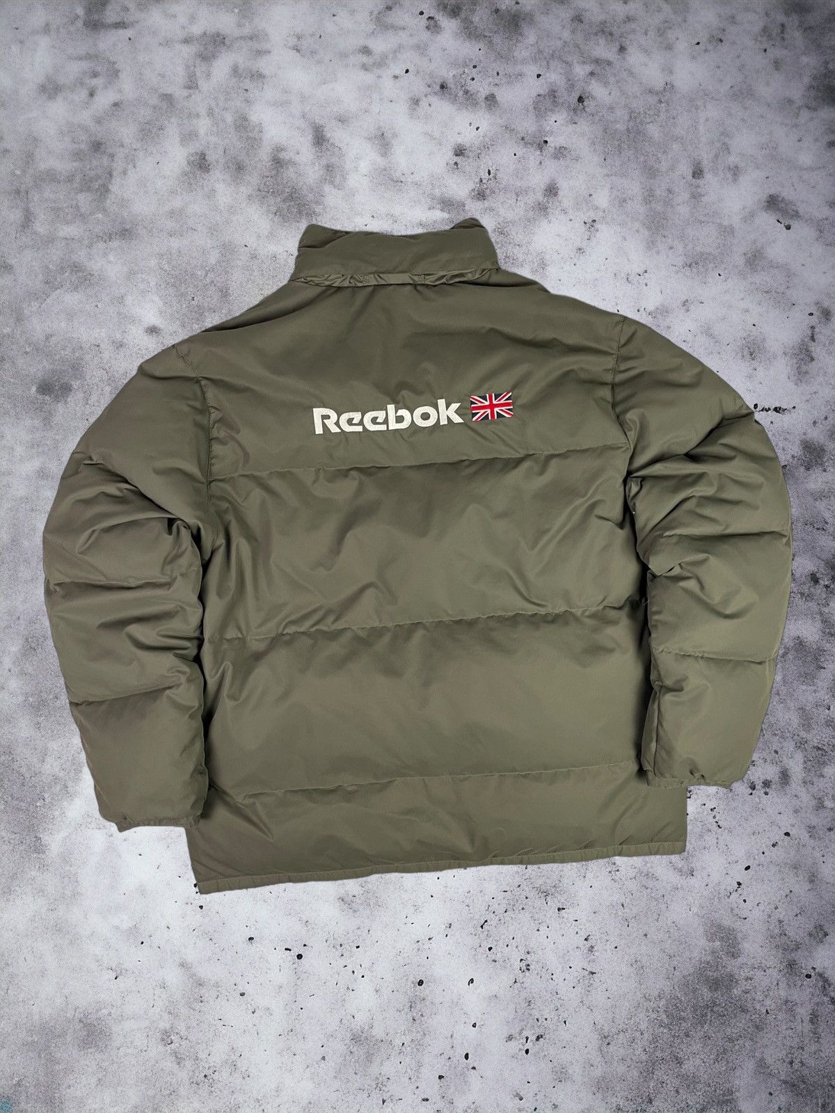 image of 90's Reebok Spell Out Down Puffer Jacket in Kaki, Men's (Size XL)