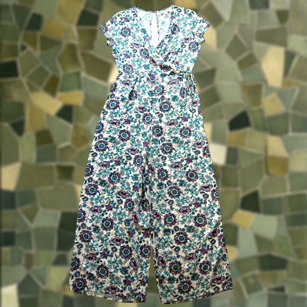 Pinko VINTAGE Miami 100% Rayon Green Pink Floral Cap Sleeve Wide Leg Romper Jumpsuit Small Size 28" / US 6 / IT 42 - 1 Thumbnail