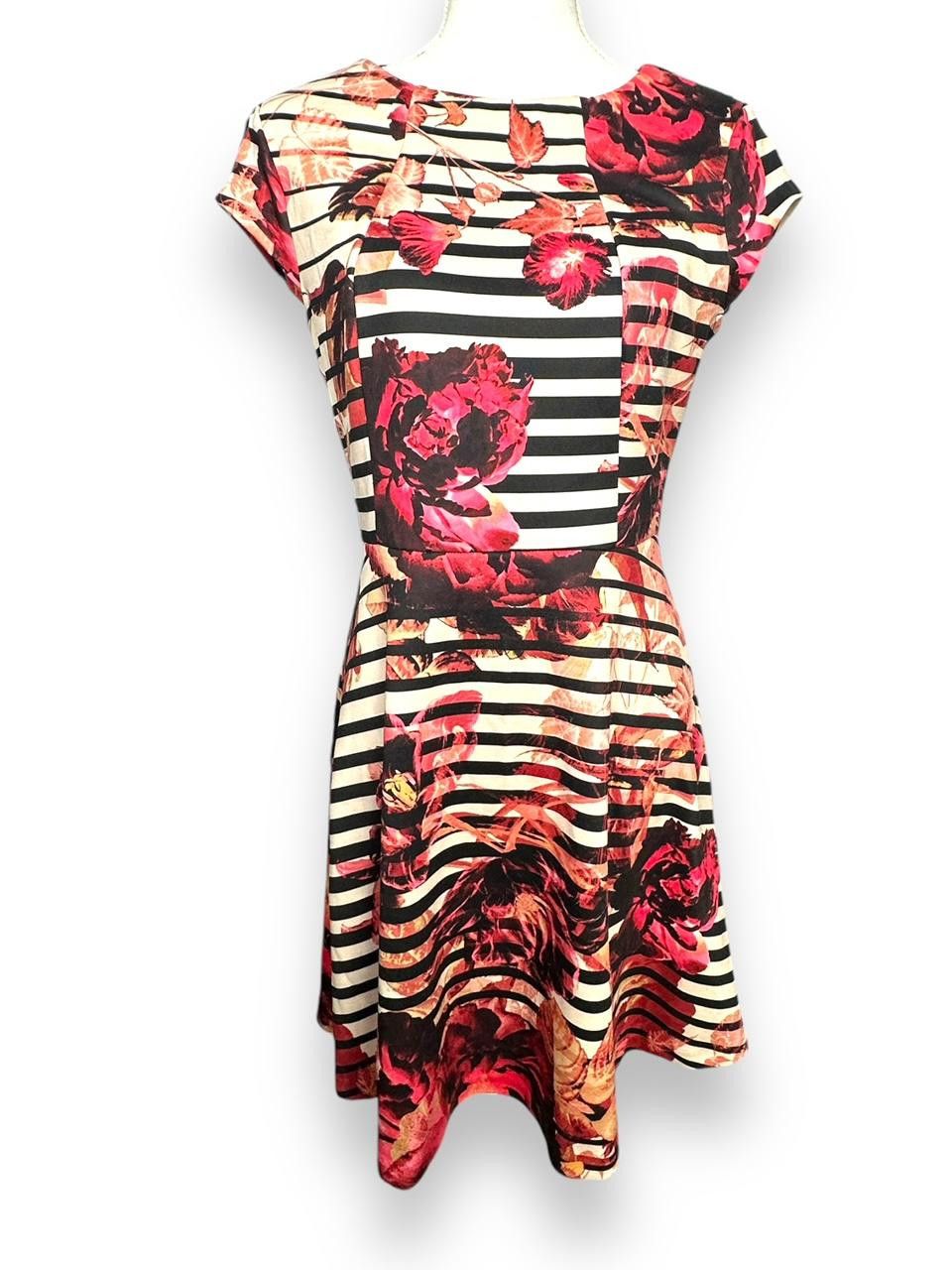 Designer Beige by eci Floral Striped Cap Sleeve Skater Dress M Size M / US 6-8 / IT 42-44 - 1 Thumbnail