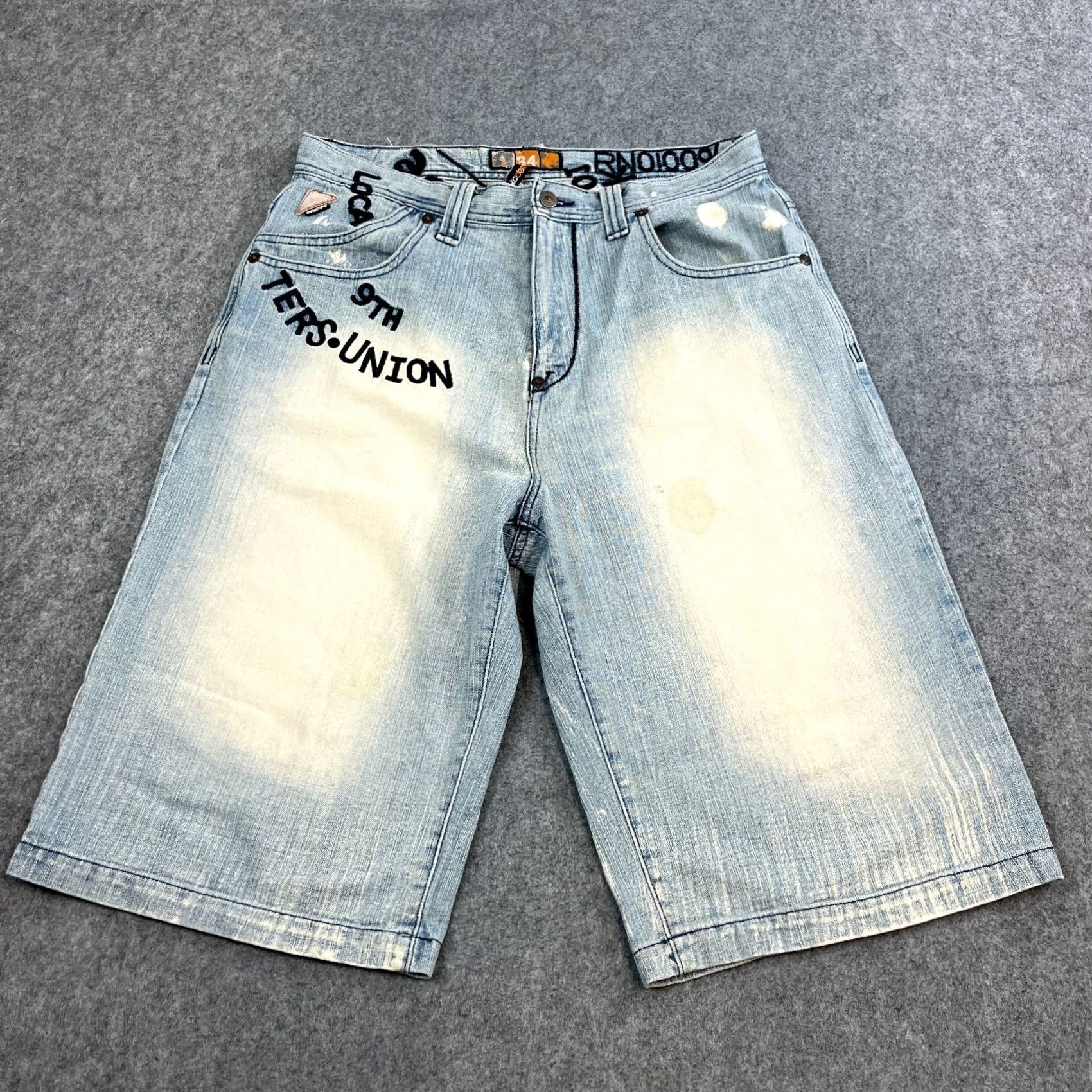 Denime Akadimilk Mens Denim Shorts W34 Blue Vintage 90s Spellout Embroidered Hiphop Y2K Cargo Pockets 5-Pocket Regular Mens Size US 34 / EU 50 - 2 Thumbnail