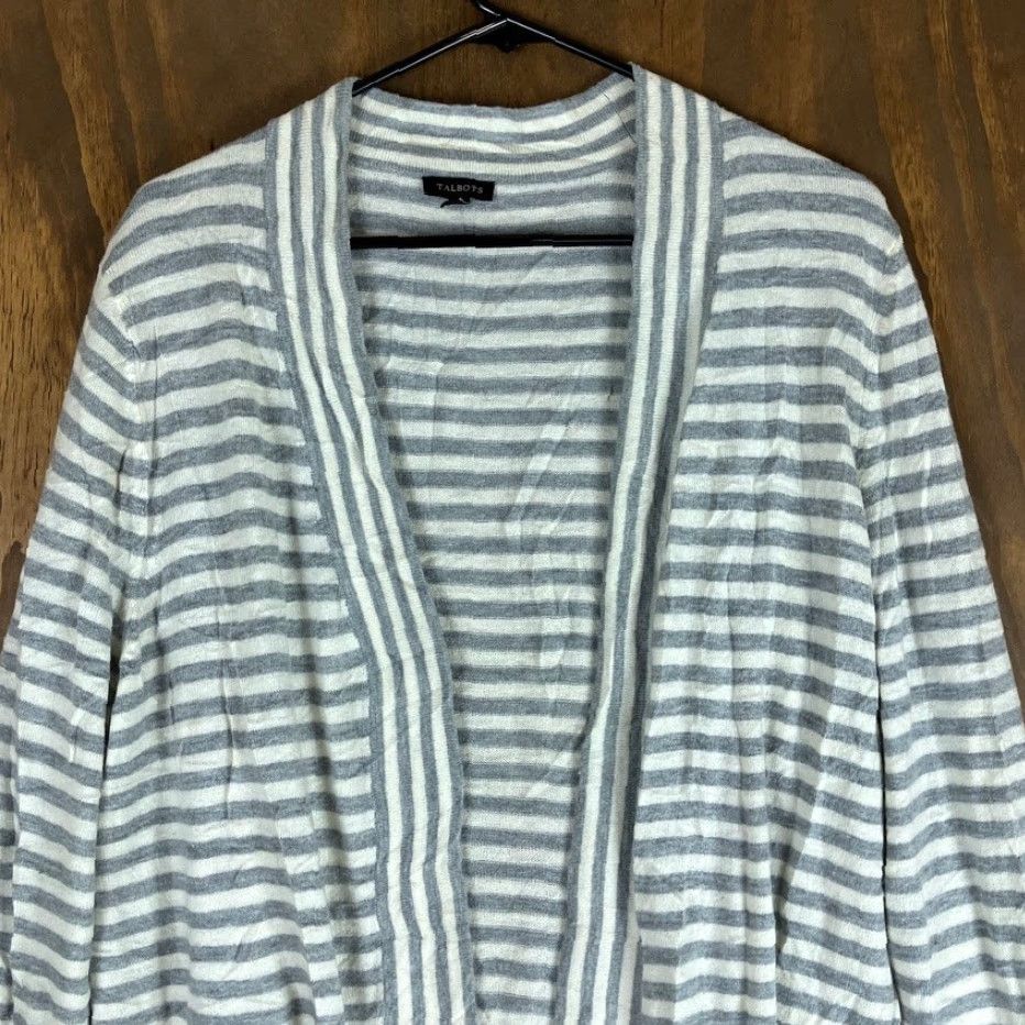 Talbots Talbots Womens Sweater White Gray Striped Open Front Cardigan Lambs Wool Blend L Knit Style Cardigan Women Open Front Knitwear Casual Formal Workwear Size L / US 10 / IT 46 - 2 Thumbnail