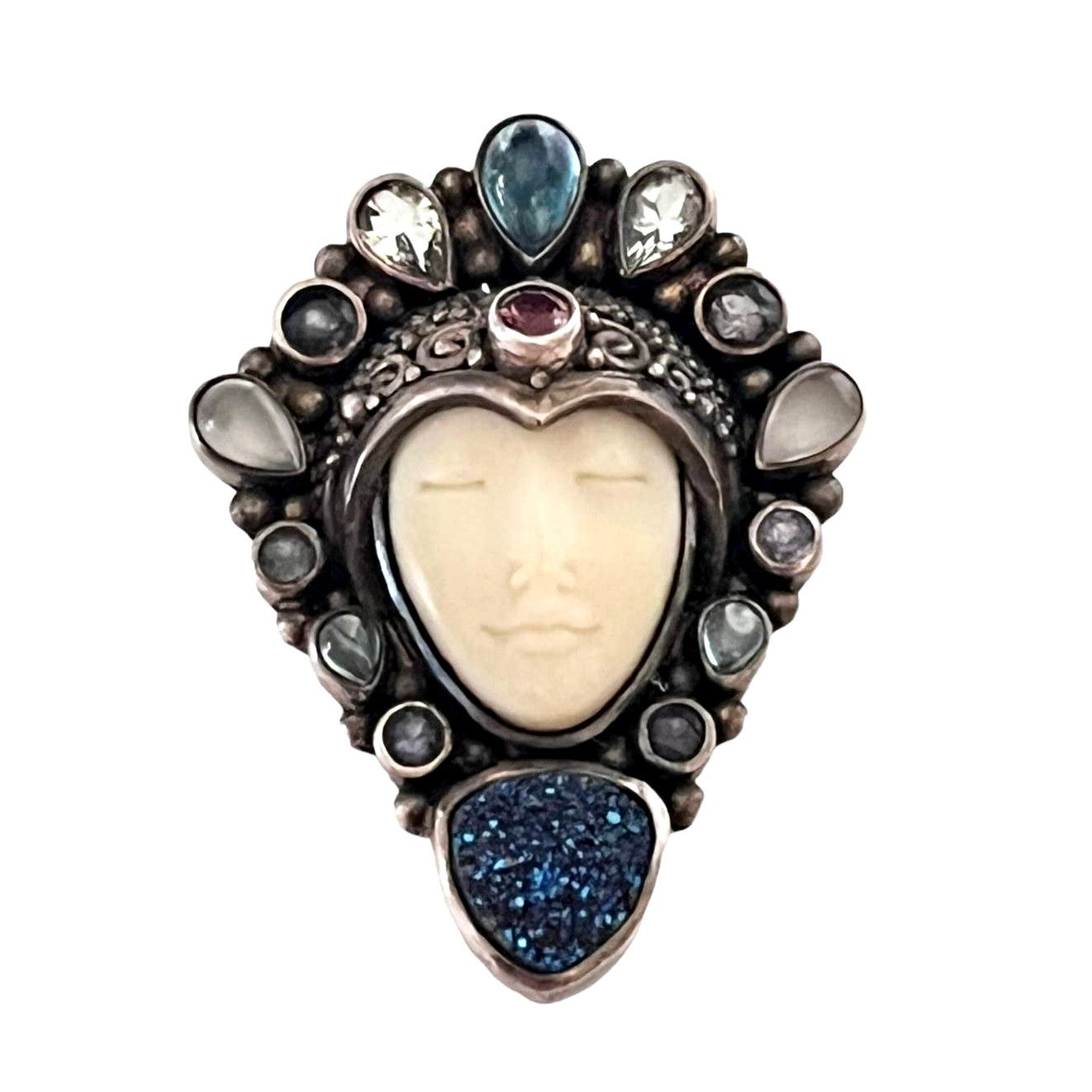 image of Vintage 925 Sajen Goddess Pin / Pendant Druzy Amethyst Lolite Stone in Silver, Women's