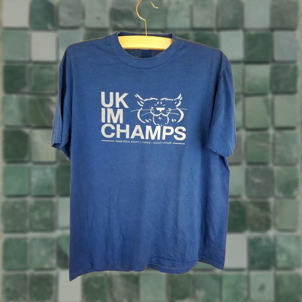 Vintage VINTAGE 80's UK IM CHAMPS THIN BLUE SINGLE STITCH T-SHIRT SZ XLARGE Mens Shirt Short Sleeve Cotton Blue 80s Champs Shirt XL Mens Size US XL / EU 56 / 4 - 1 Thumbnail