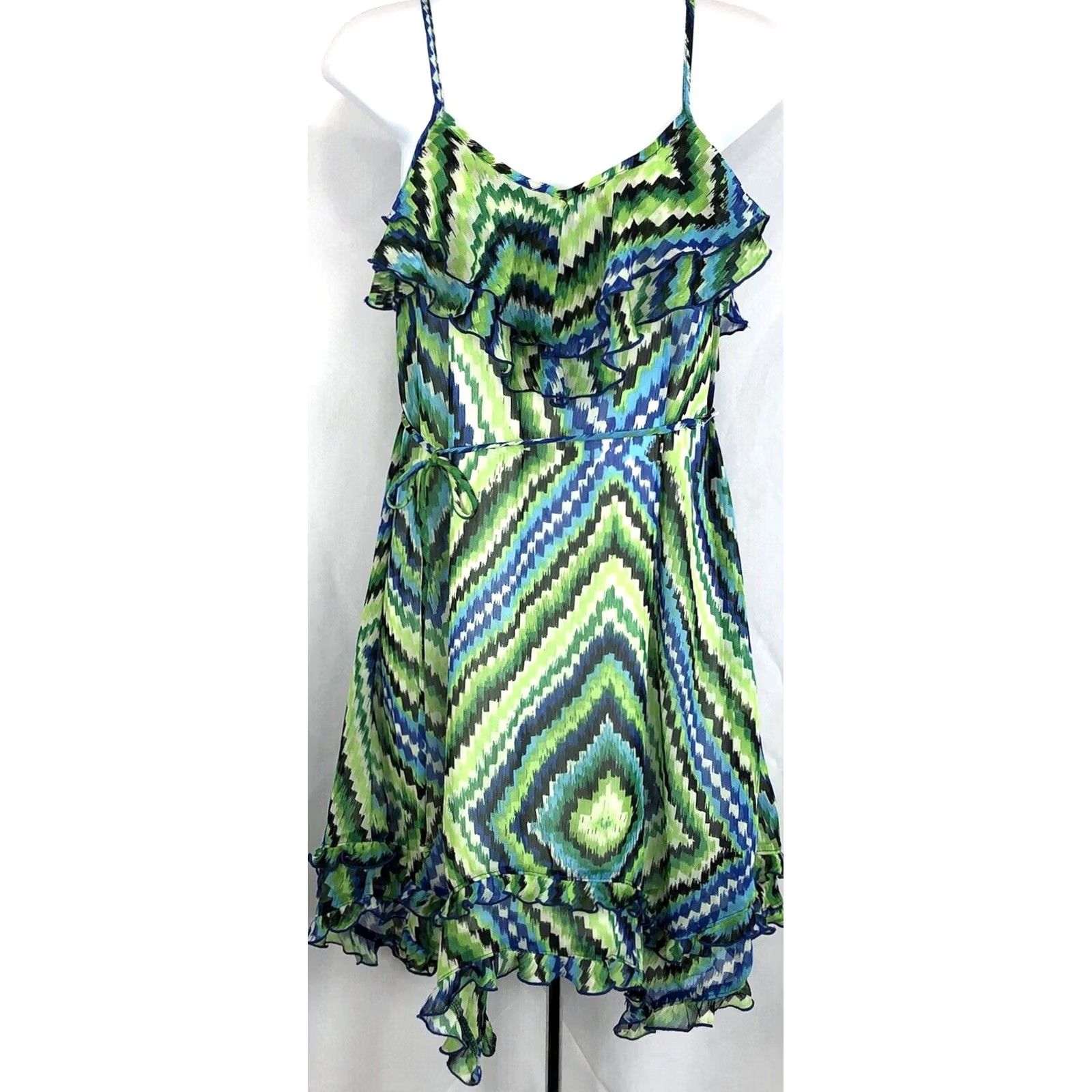 Vintage BCX Dress Womens S Green NWT Sun Geo Abstract Tiered Ruffles Strappy Tie Back Size S / US 4 / IT 40 - 2 Thumbnail