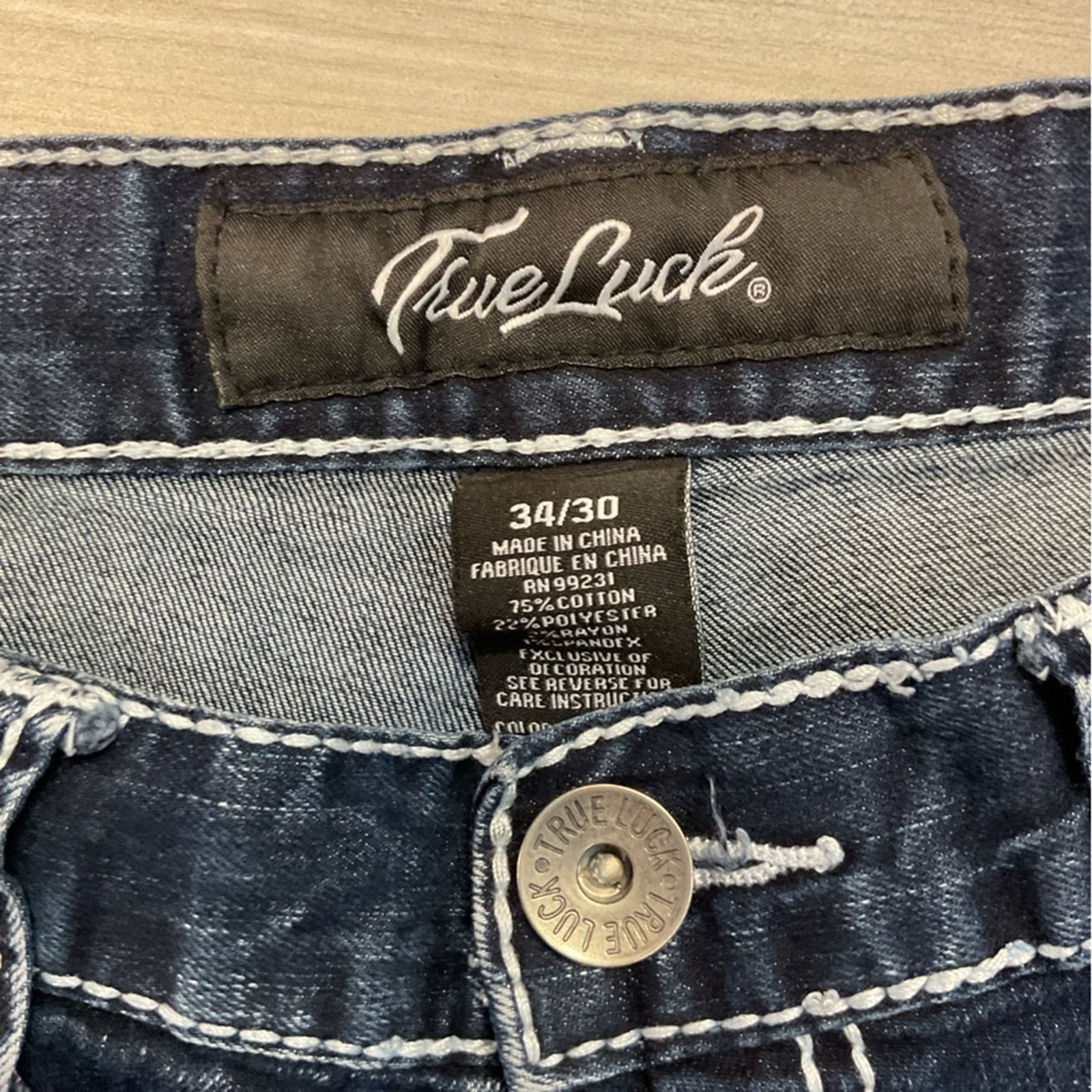 Vintage True Luck Men’s Dark Blue Denim Straight Jeans Size US 34 / EU 50 - 7 Thumbnail