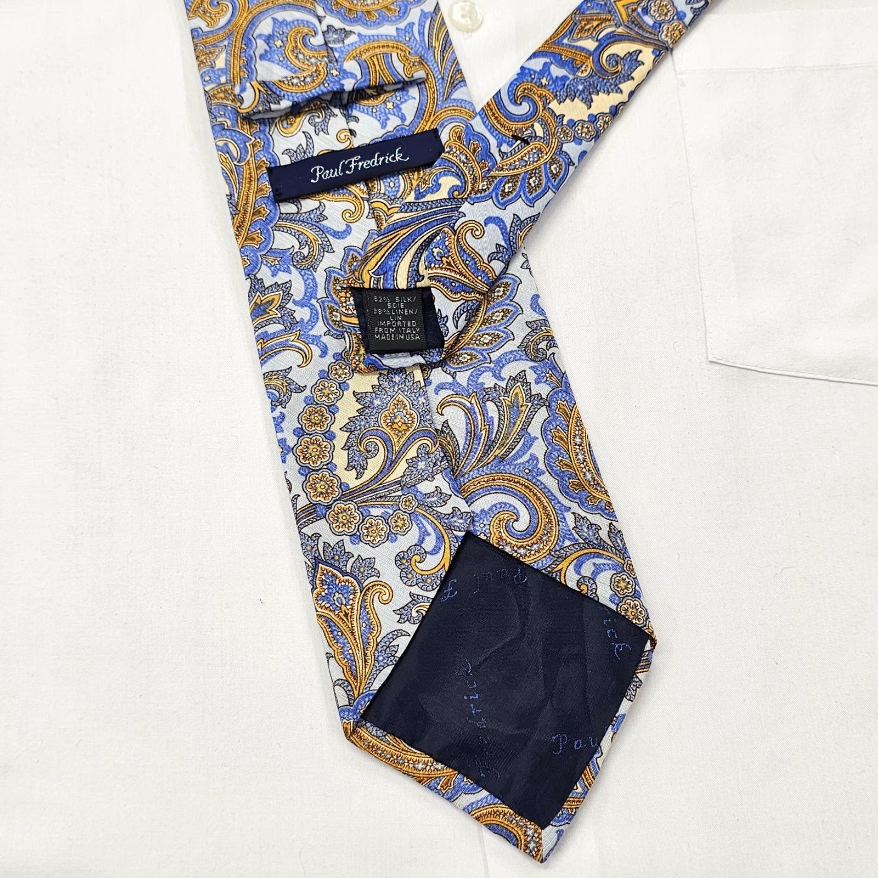 Vintage VINTAGE Paul Fredrick Necktie Men’s Silk Blue Gold Floral Paisley Design Preppy USA Size ONE SIZE - 5 Thumbnail