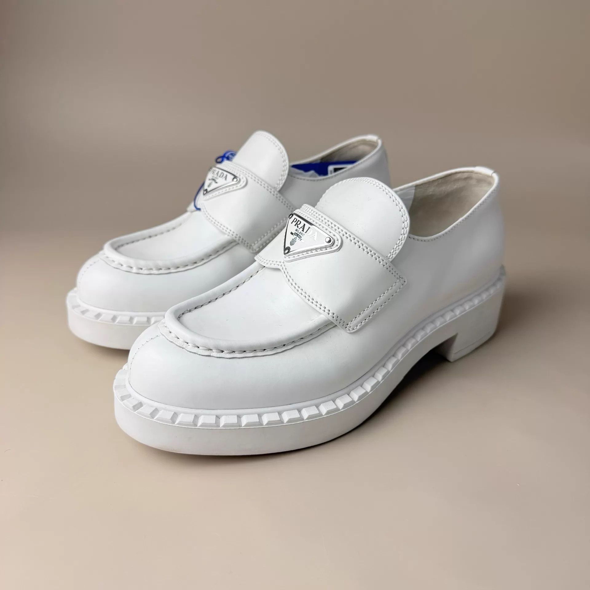 Prada Prada White Triangle Logo Leather Loafers 35 Worn Once Size US 4.5 / IT 34.5 - 1 Thumbnail