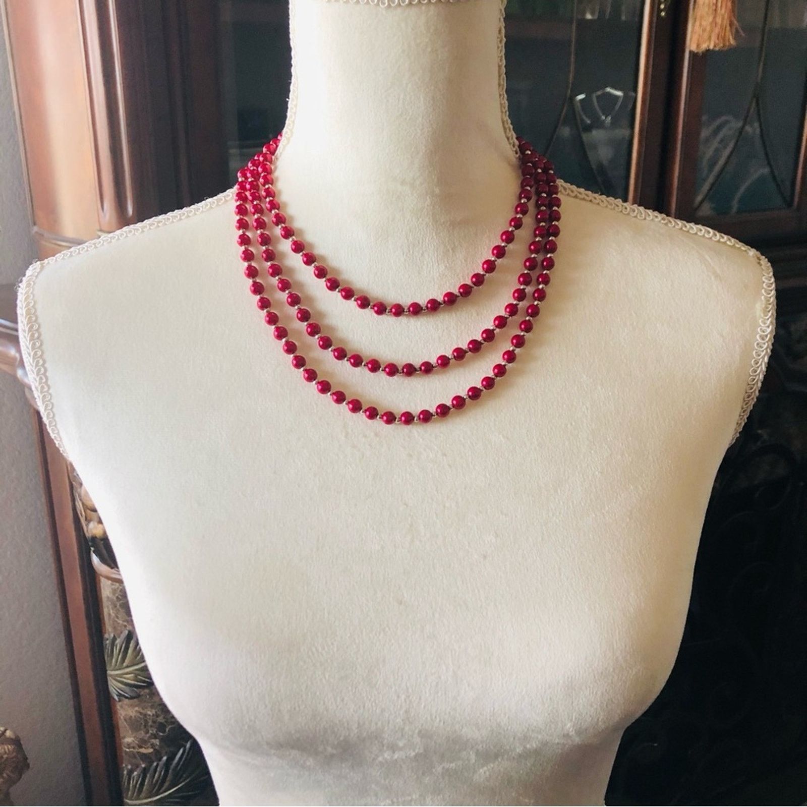 Handmade Handcrafted triple strand red Pearl genuine ruby cneckla Size ONE SIZE - 9 Thumbnail